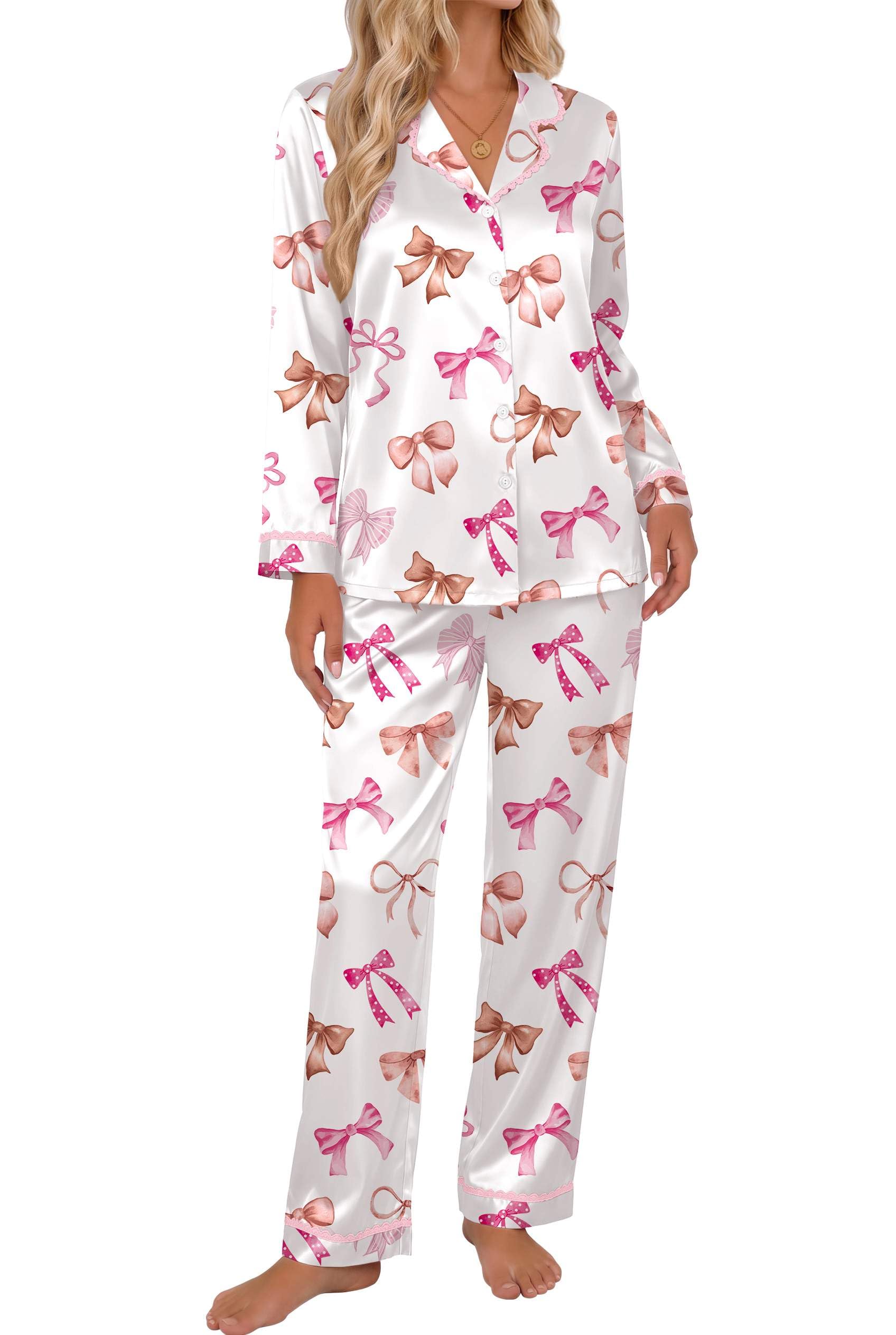 Ekouaer Satin Pajamas for Women Set 2 Piece Silk Pjs Long Sleeve Lounge Set