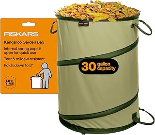 Fiskars Kangaroo Collapsible Spring Up Garden Bag for Yard Waste, Grass, Branches & Weeds, Tear & Mildew Resistant Vinyl-Coated Polyester, Folds Flat to 3 Inches for Space-Saving Storage, 30 Gallon
