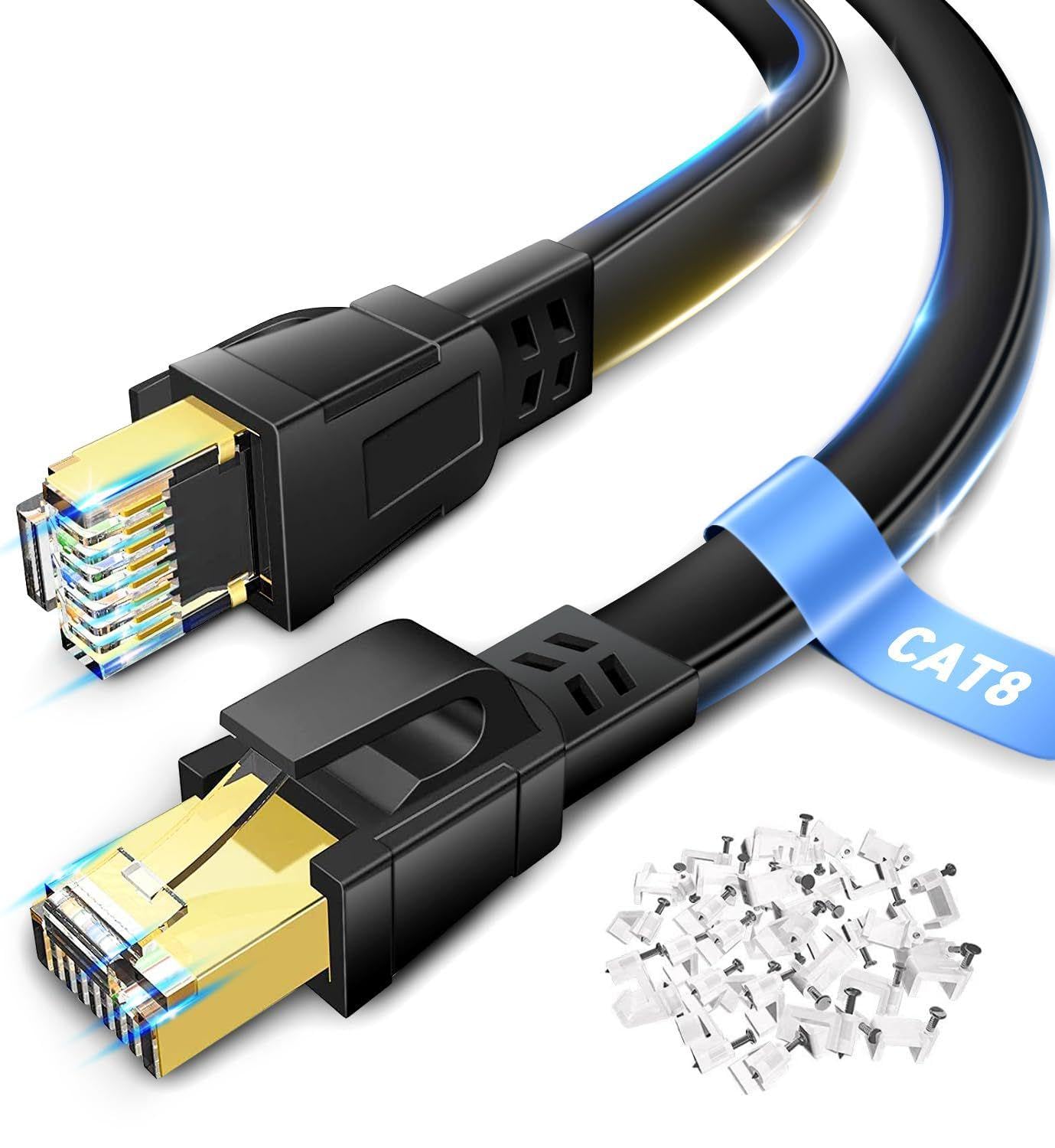 DEEGO Cat 8 Ethernet Cable 50 ft, High Speed Flat Network Cable Shielded, 40Gbps 2000MHz LAN Ethernet Cable U/FTP 30AWG with Gold Plated RJ45 Connector Fit Gaming, Router, Modem, PC, PS4, PS5