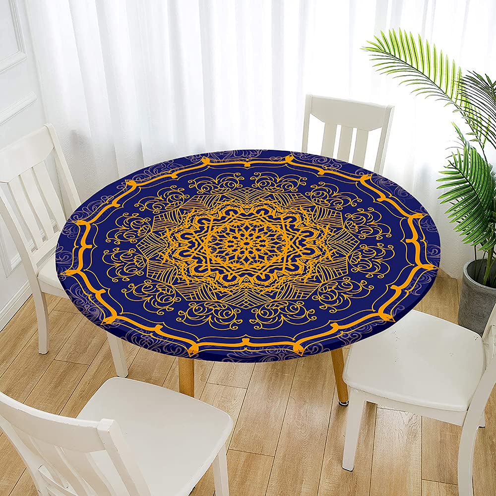 Fansu Bluemandala Round Tablecloth Waterproof Wipe Clean, Circular Tablecloths Fitted Elastic Edged, Stain Resistant Polyester Table Cover For Dinning Room Kitchen Picnic Party (,Diameter 150Cm)