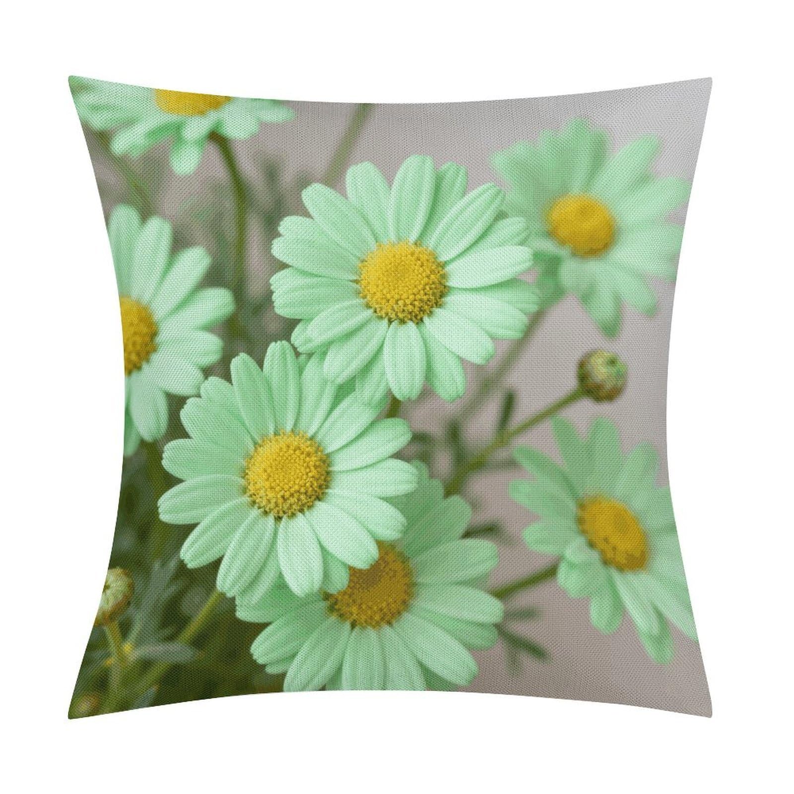 LZQPOEAS Daisy Pastel Green Throw Pillow Covers, Waterproof Faux Linen Pillow Cases with Invisible Zipper, Decorative Square Cushion Covers for Sofa Couch Living Room Bedroom 18x18 Inch