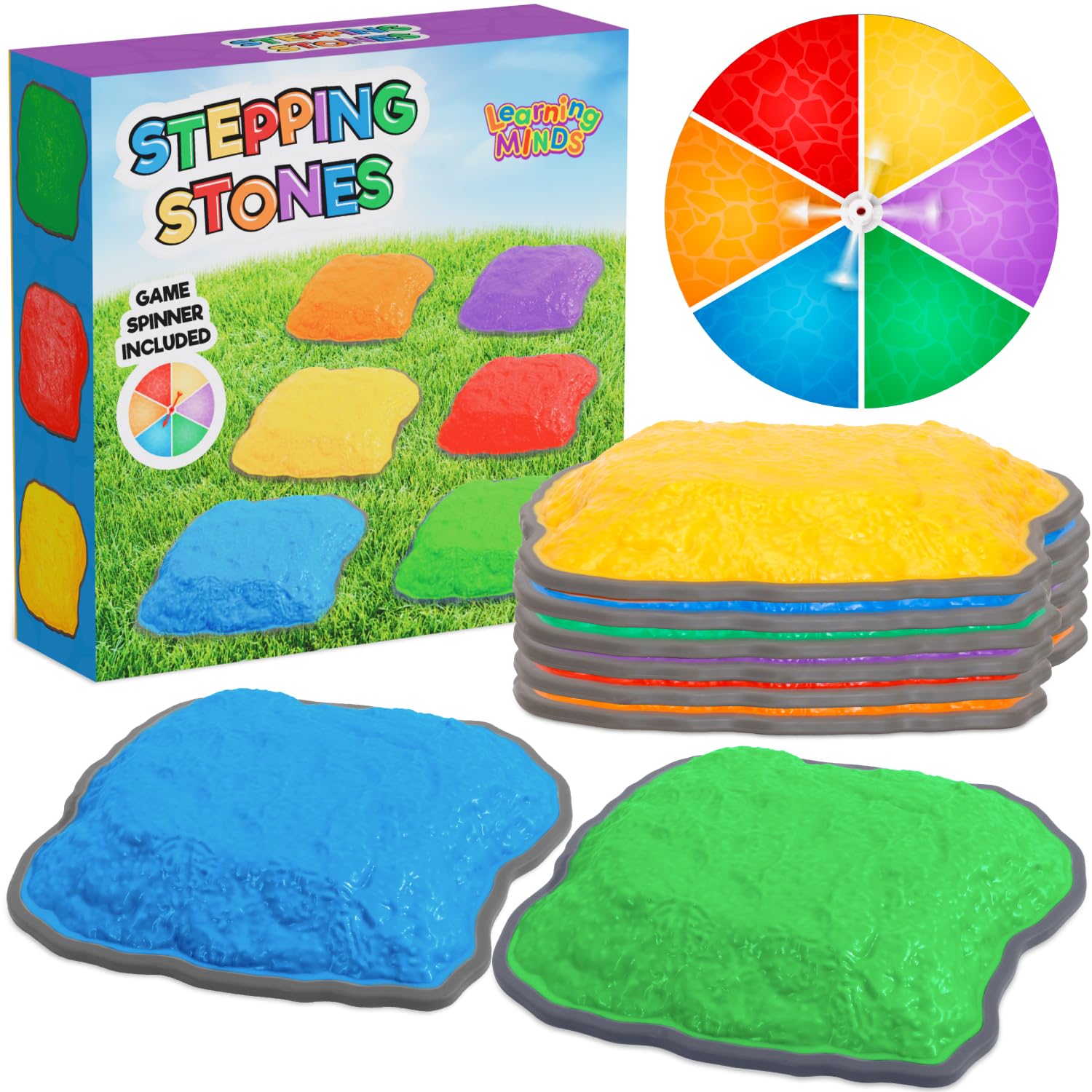 Learning Minds Stepping Stones for Kids – 6 Large, Strong, Non-Slip Balance Stones - Indoor & Outdoor Play Equipment - Outside Toys For Kids of All Ages