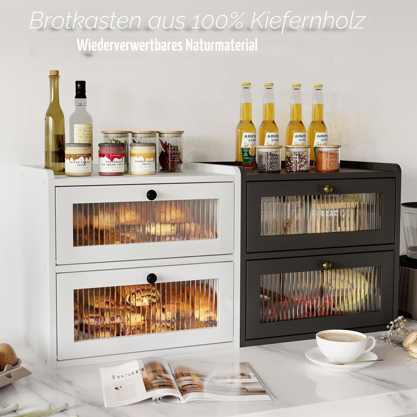 Alpeir Brotkasten Holz, 2 Etagen Groß Brotbox mit Belüftungsloch, Längere Frische & Einfache Pflege, Küche Aufbewahrung Behälter für Snack Knäckebrot Obst, 36,7B x 23,9T x 34,4H cm, Schwarz
