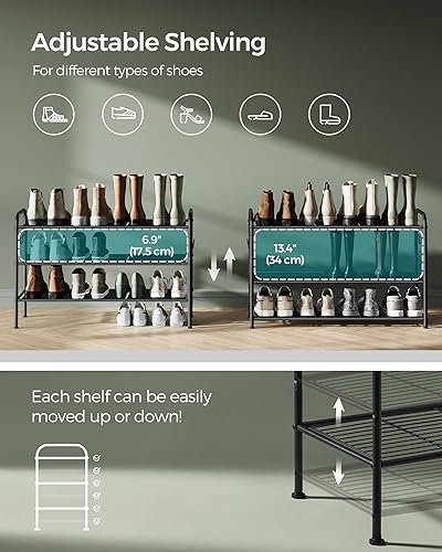 Miniatura 4 de SONGMICS Zapatero de 3 niveles, organizador de zapatos de metal con 4 ganchos laterales, capacidad para 15 pares de zapatos, zapatero de altura