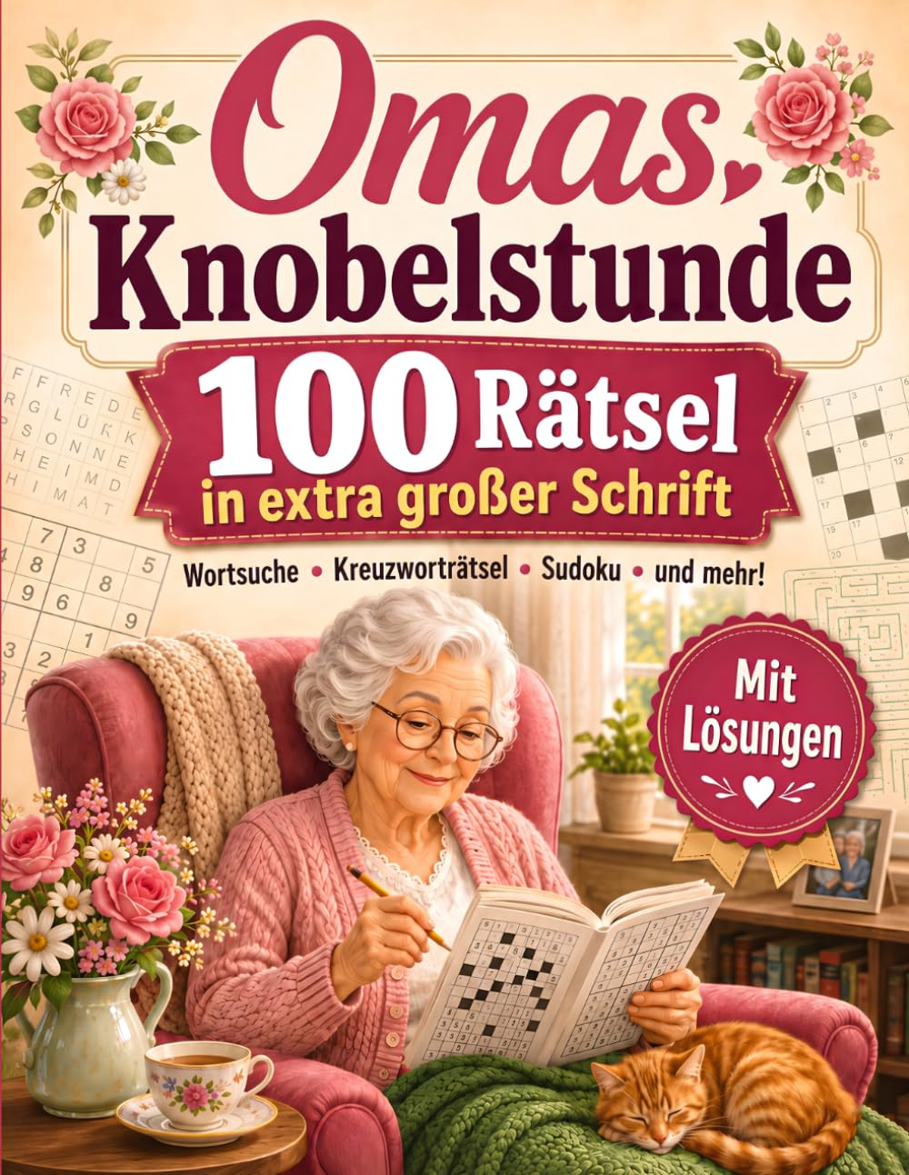 Omas Knobelstunde: Rätselbuch und Rätselheft für Senioren im Großdruck: Kreuzworträtsel, Sudoku, Wortsuchrätsel und Denksportaufgaben in großer Schrift für Gedächtnistraining