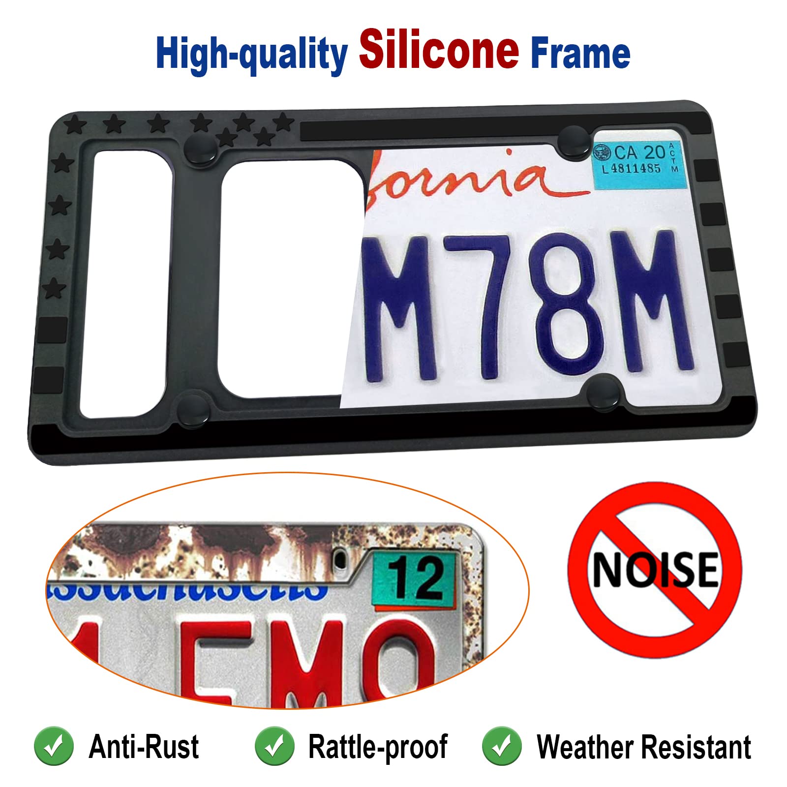 Cornice per targa in silicone con bandiera americana, a prova di ruggine, patriottica lucida degli Stati Uniti con stelle e strisce, copertura nera per portabagagli auto, confezione da 2