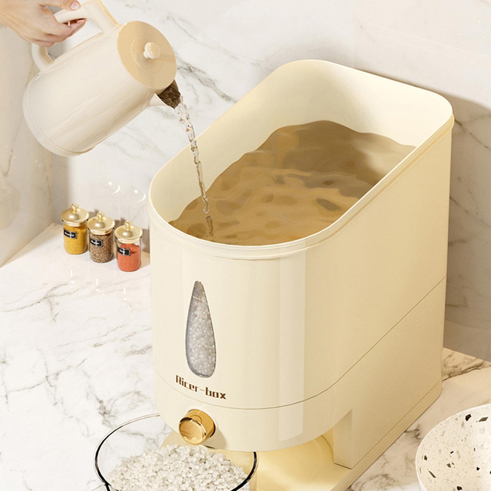 lyanny Contenitore Riso - Dispenser Ermetico Capacità 5 Kg - Con Misurino Incluso Contenitore Per La Conservazione Dei Cereali - Per Casa, Cucina E Piano Di Lavoro Cereali, Avena, Soia, Mais E Cibo