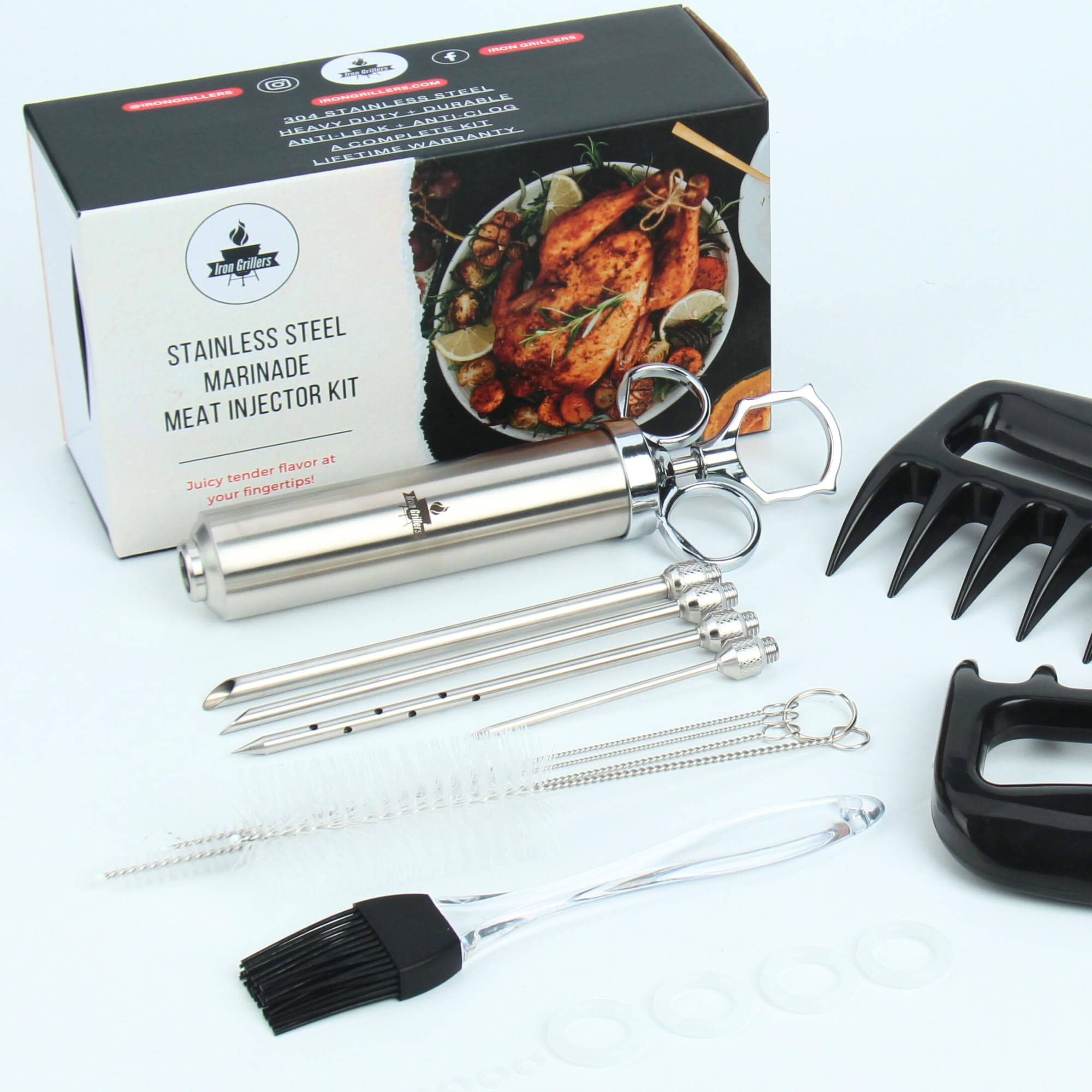 Professional Meat Injector Marinade Syringe Kit for Smoking & Grilling Turkey, Brisket & BBQ - Large 2 Oz Stainless Steel Visible Capacity - Never Leaks or Clogs + 100% Food Safe & Built to Last Years