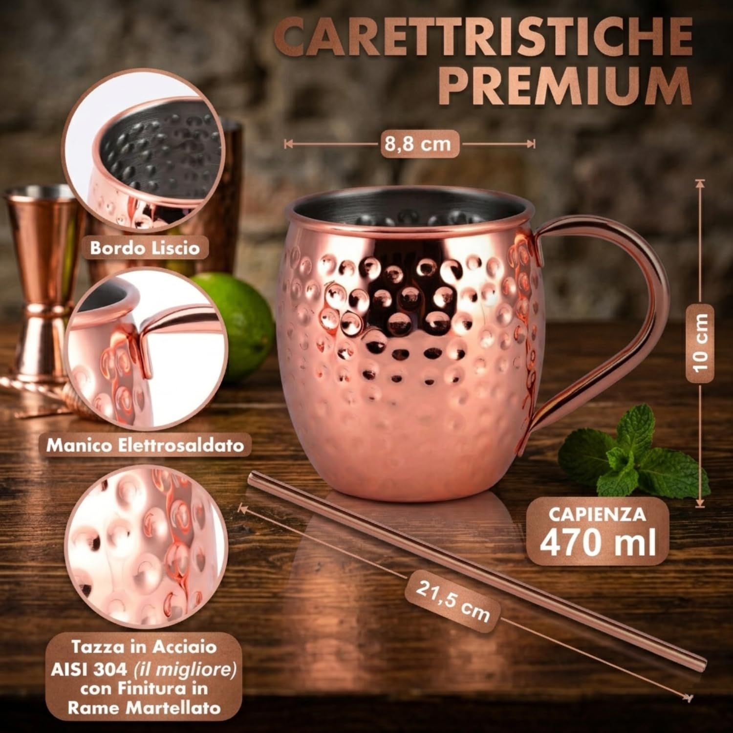 Set Completo Di 2 Bicchieri Cocktail Moscow Mule Rame, Accompagnati Da Cannucce, Sottobicchieri Acquistando In Omaggio Esclusivo E-book Con Ricette E Suggerimenti Per Cocktail