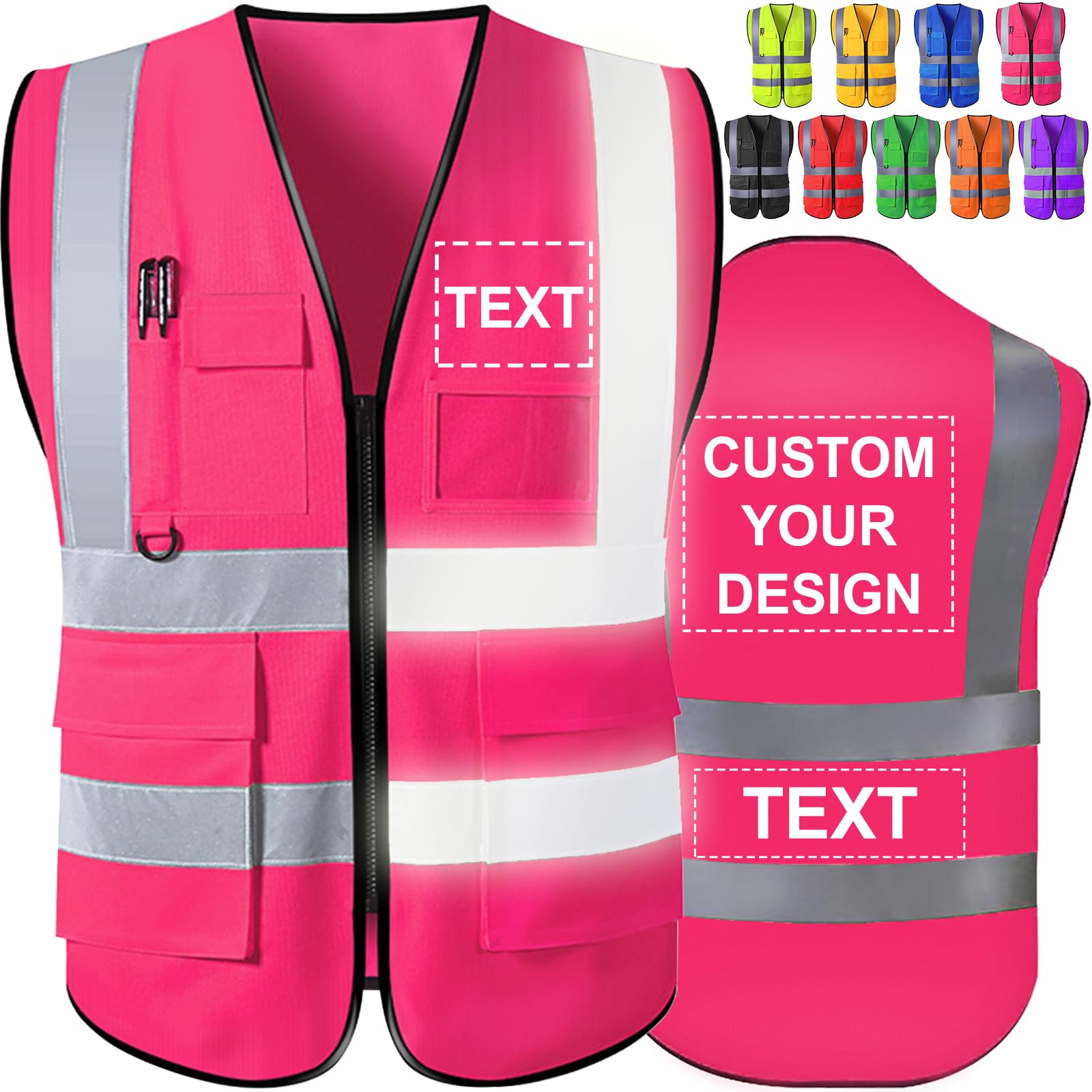 Custom Safety Vest High Visibility Reflective Personalized Vests with Logo Photo Pocket Zipper Customize Class 2 for Men Work