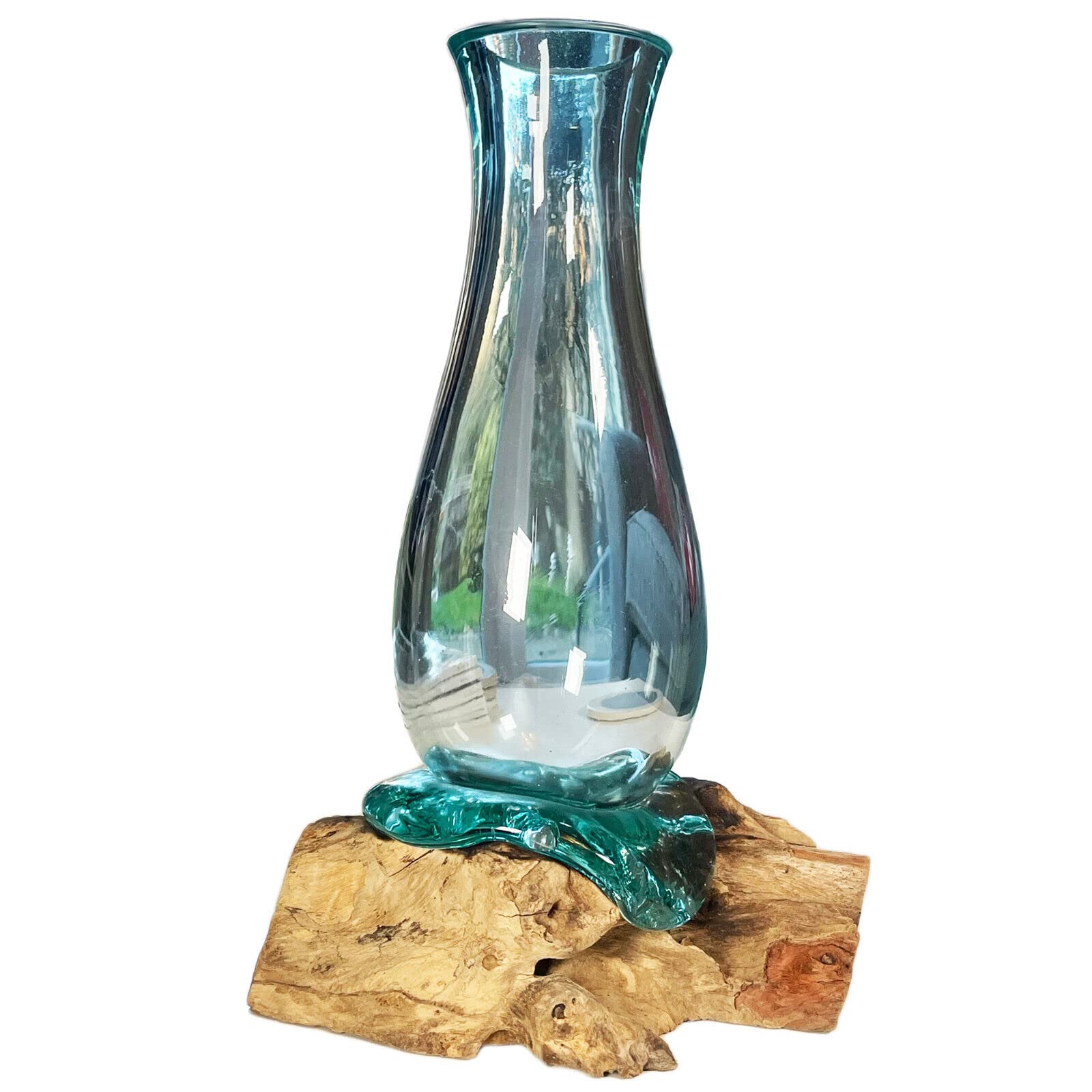 33cm Molten Glass Vase On Driftwood Stand Hand Carved Blown Flower Holder Large