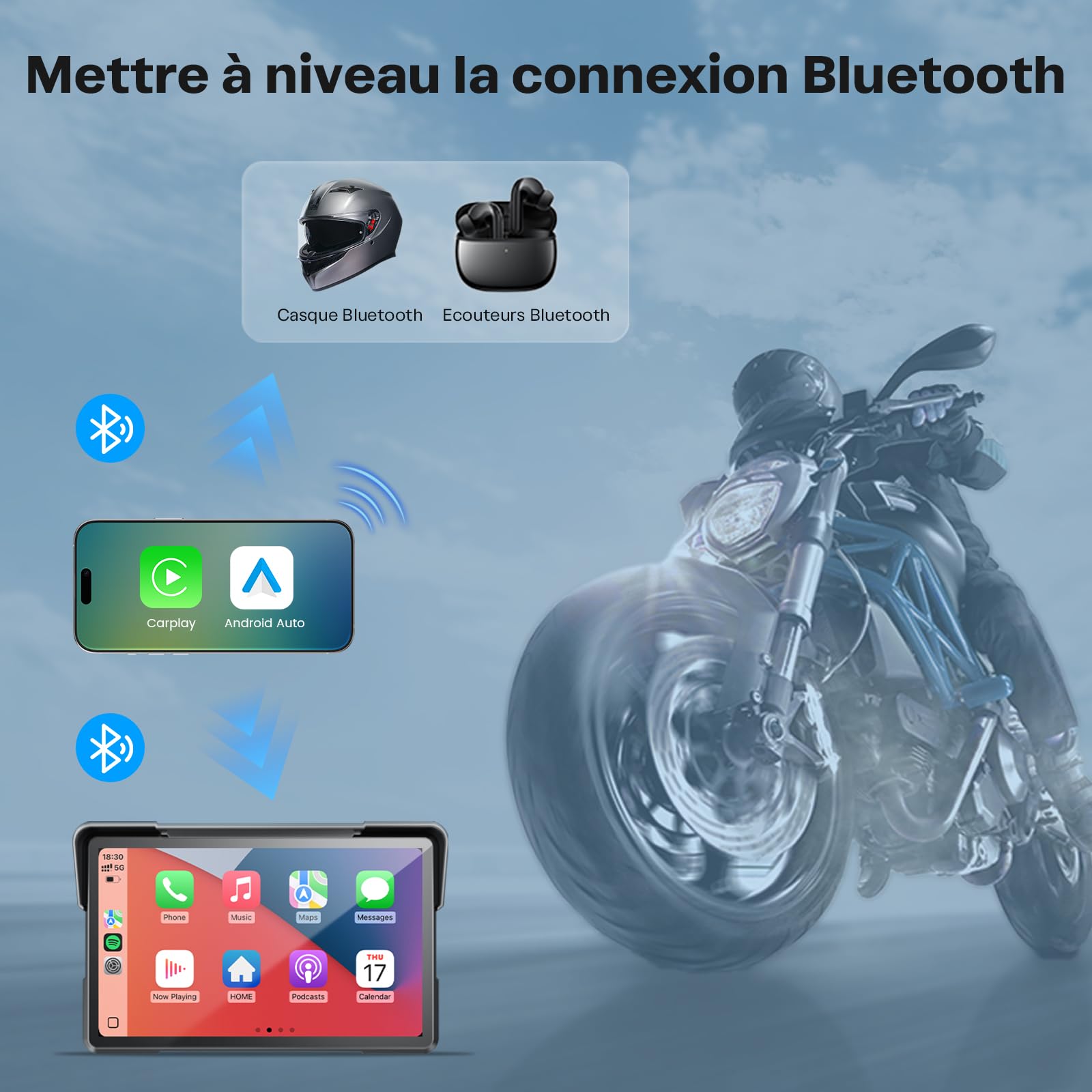 WonVon CarPlay 7 Pouces Système de Navigation GPS pour Moto avec Apple CarPlay et Android Auto écran Portable avec Double Bluetooth, Navigation, Siri, Google Assistant Support magnétique