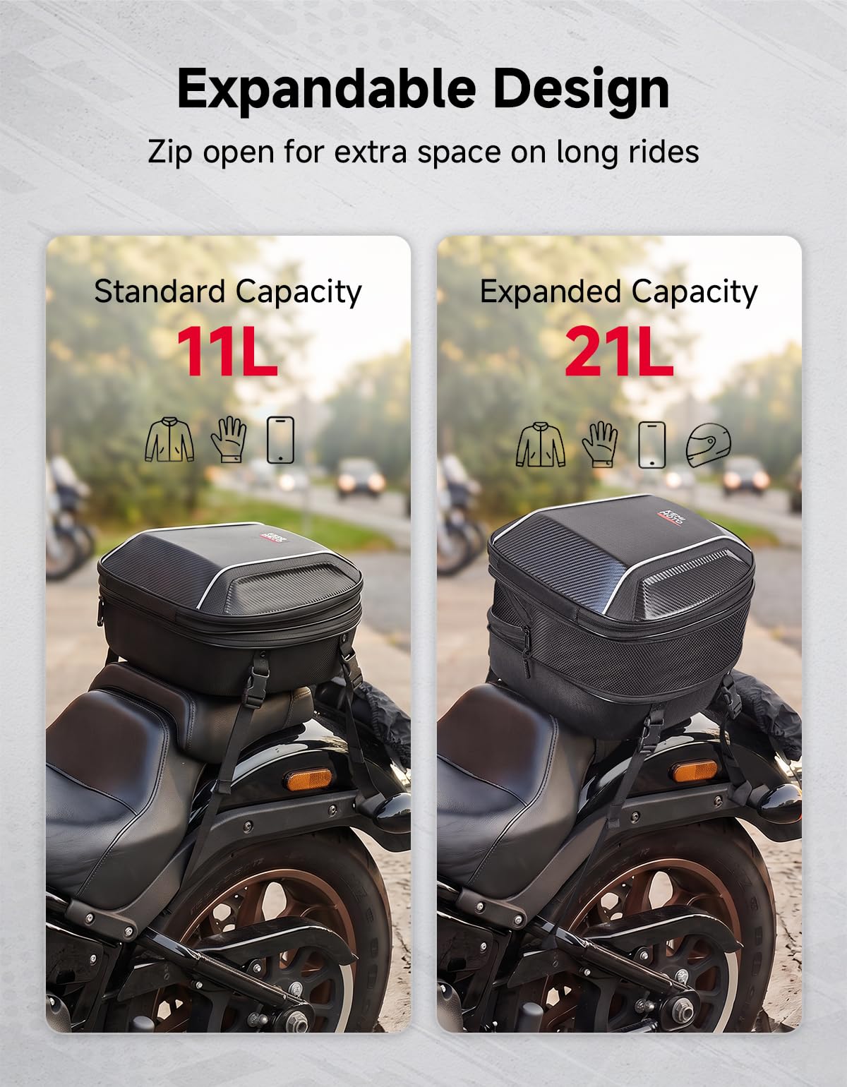 KEMIMOTO Borsa Posteriore Moto Impermeabile con Lucchetto a Combinazione, 11L–21L Espandibile Borsa Moto Rigida in EVA con Copertura Antipioggia, Rimovibile come Borsa a Mano o Zaino