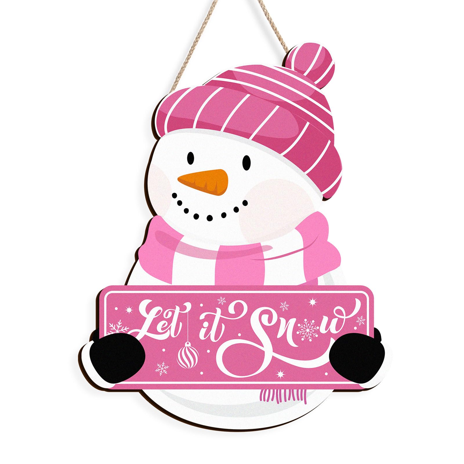 Kercan Christmas Signs for Wreaths Wall Hanging Decor, Let It Snow Wooden Hanging Sign, 9.4 × 12inch Pink Door Hanger Sign Snowman Front Door Decor (