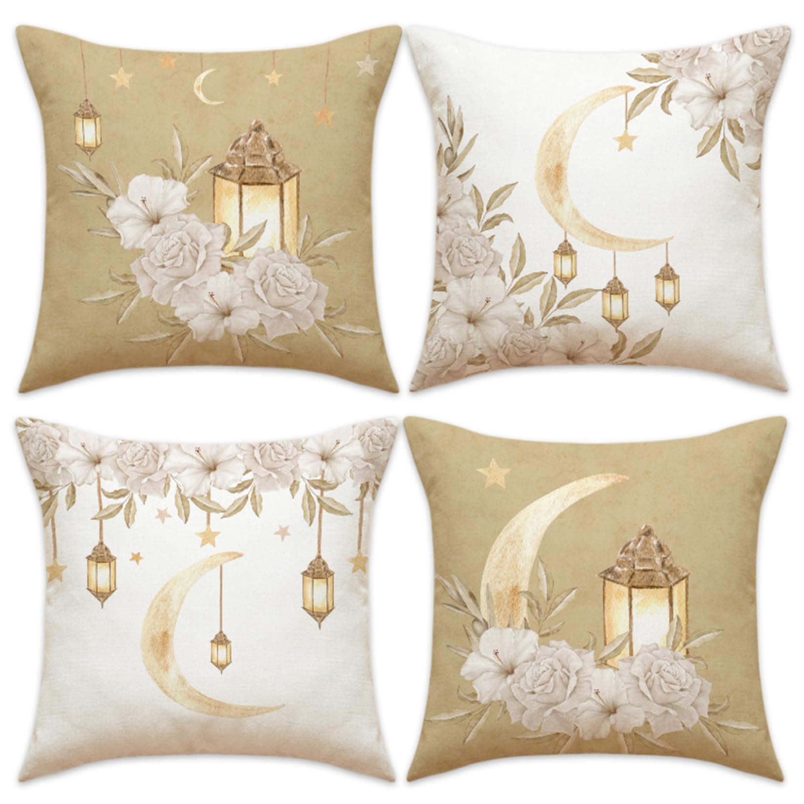 Xdyyjrasa Ramadan Pillow Covers - 4PCS 18x18 Linen Decorative Cushion Cases, Ramadan Mubarak Home Decor for Sofa Bedroom