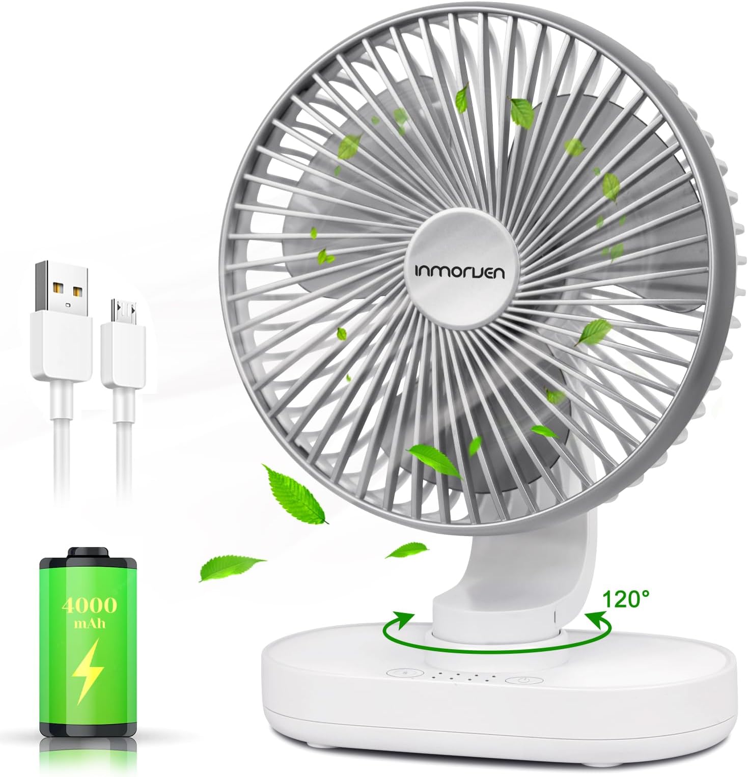 CONBOLA Small Desk Fan for Bedroom, 4000mAh Battery Powered Rechargeable, 90 Vertical Manual and 120 Oscillating, 4 Speeds Air Circulator, Quiet Table for Home Office, White