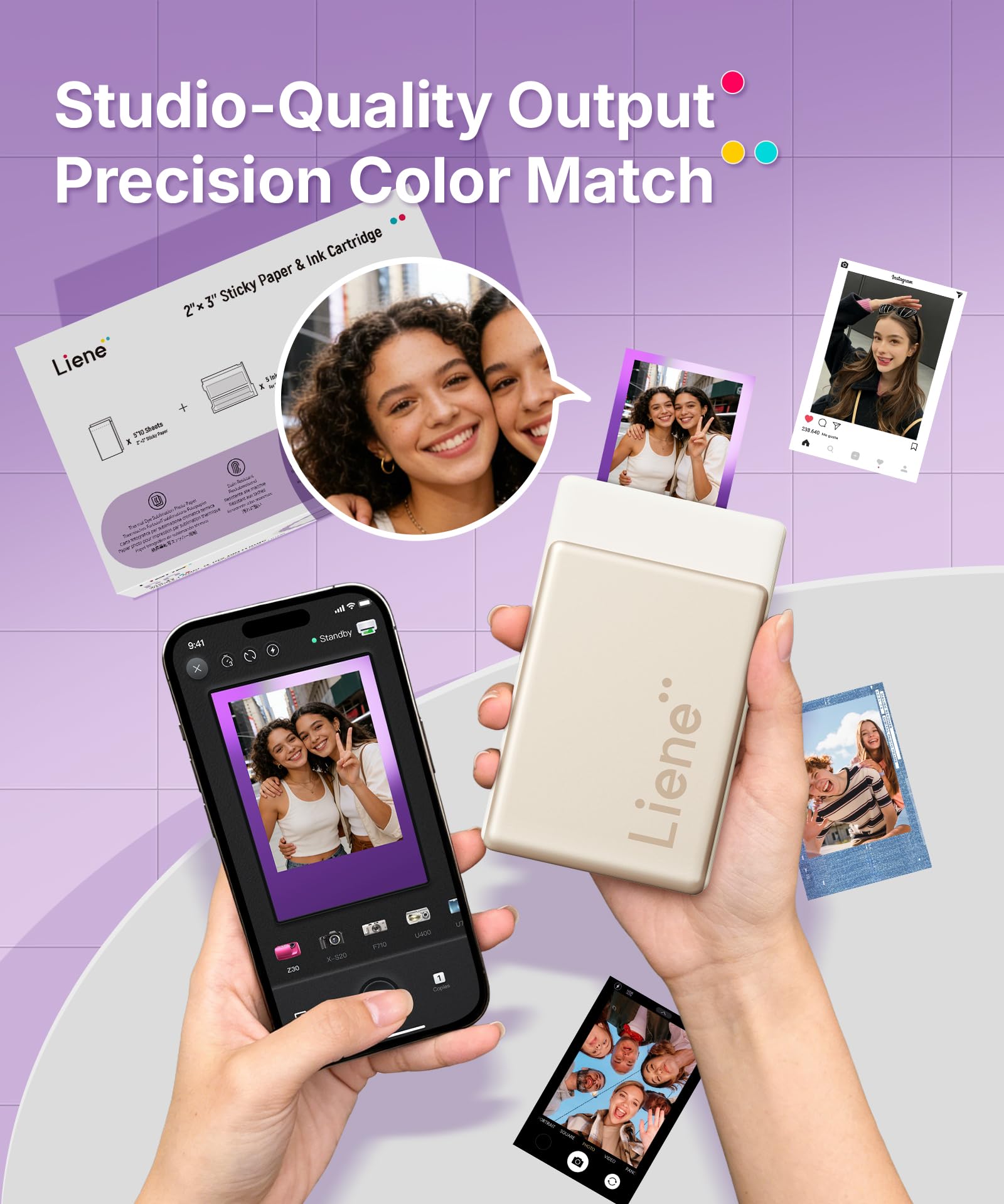 Liene Pearl N200 Pro Max Packet – Tragbarer Mini-Fotodrucker mit Farbsublimation, inkl. großzügigem Fotopapier- & Farbband-Vorrat, Bluetooth, 300 dpi, Sofortbilddrucker für iPhone/Android, Akku, Viole