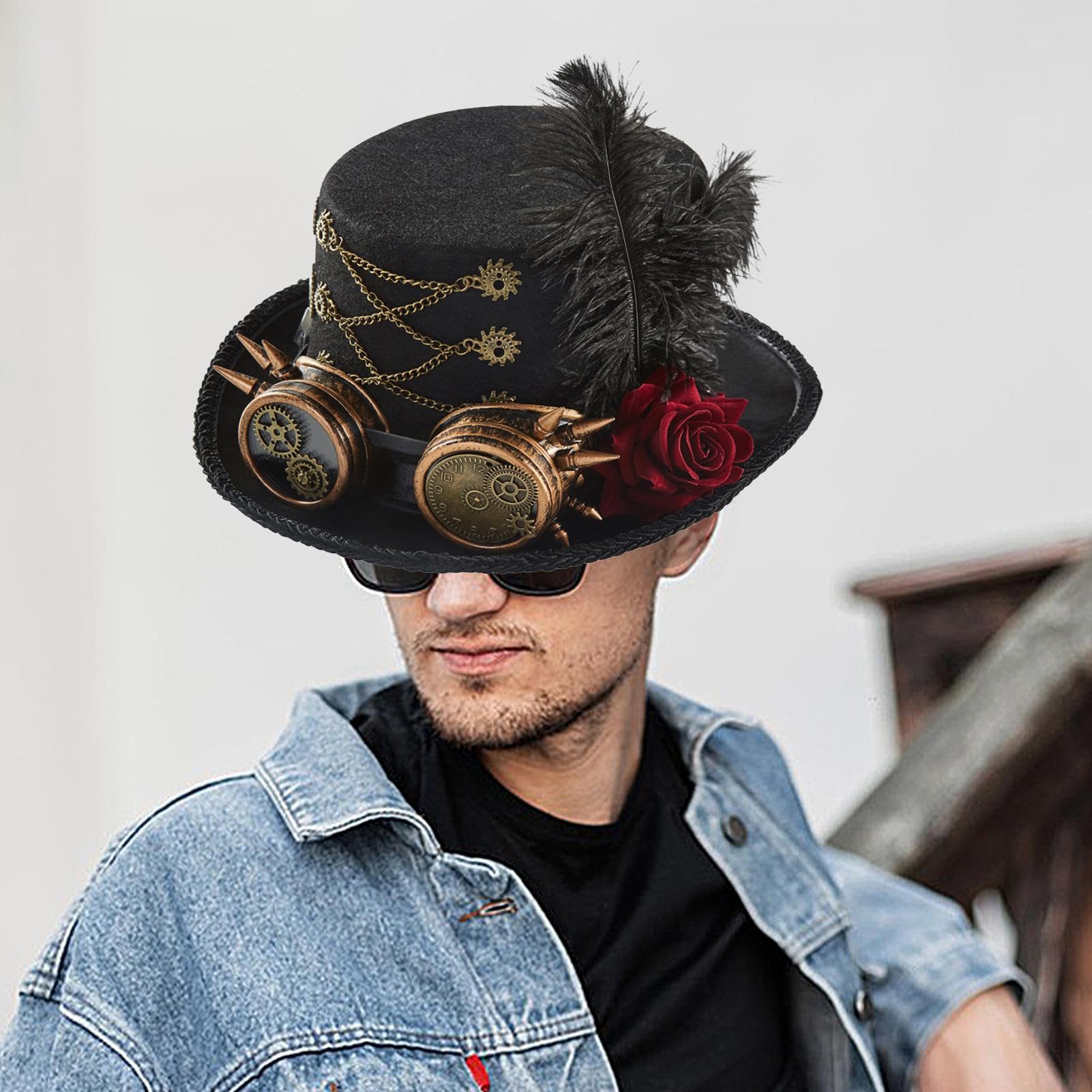 1043※スチームパンク・ゴーグルと歯車モチーフの黒の帽子