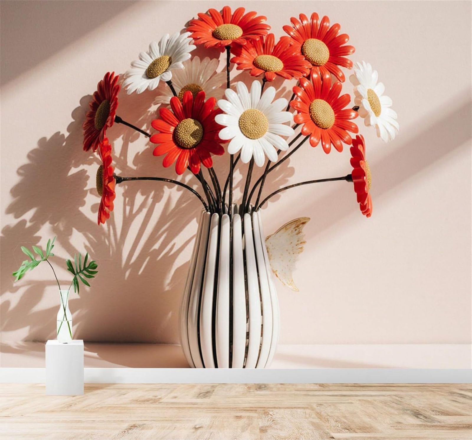 Tzxztt 400Cm×280Cm(B×H) Minimalist Three Dimensional Red And White Bouquet In A Vase With Soft Shadows Modern 3D Wallpaper Premium Textured Silk Neutral Tones Material Ideal For Living Room Bedroom-400Cm×280Cm