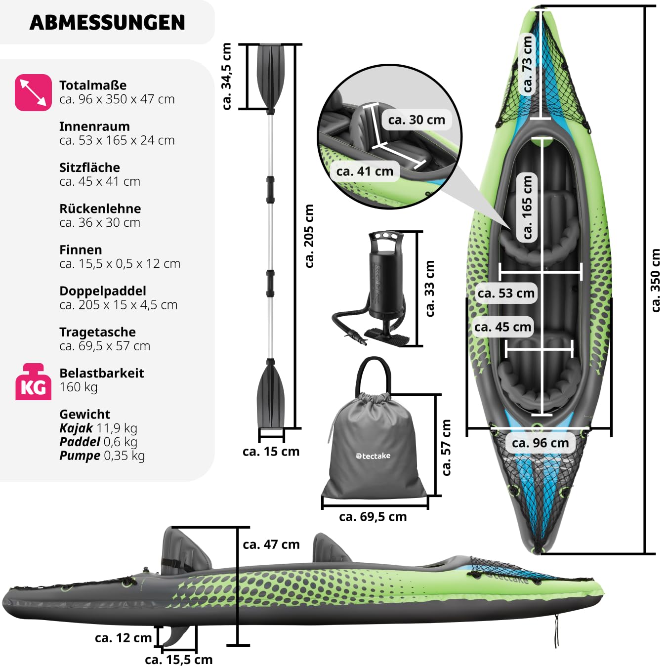 tectake® Kajak Boot aufblasbar, aufblasbares Kanu Paddelboot für 2 Personen mit 2X Doppelpaddel und Zubehör 2X Sitz, Pumpe, Transporttasche, für Wassersport, Freizeit, als Angelboot, Ruderboot