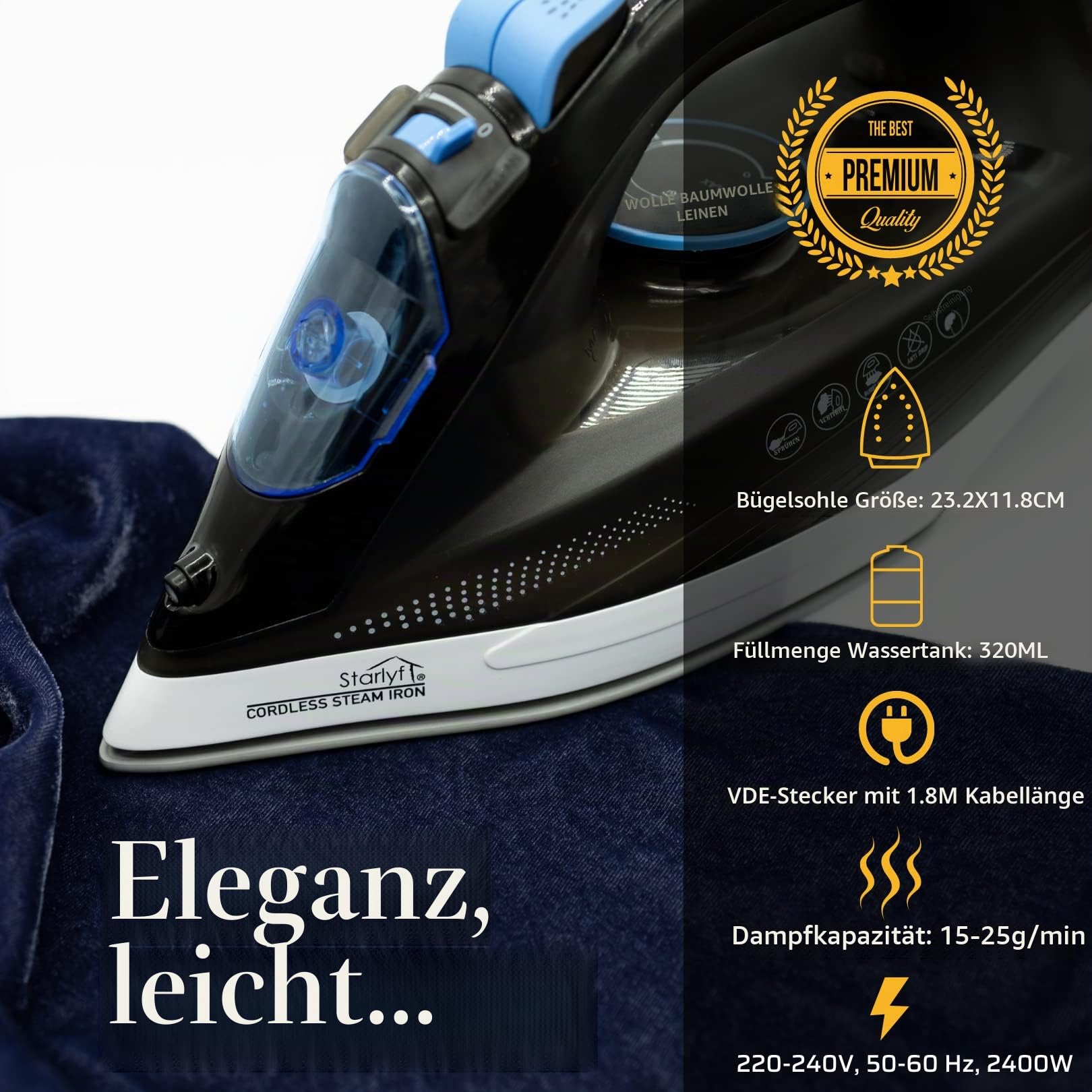 STARLYF Bügeleisen dampf, 2400w, Dampfbügeleisen kabellos mit Basisstation Cordless Steam Iron, kabelloses Bügeleisen, Sohle mit keramischer Antihaftbeschichtung, alle Stoffe