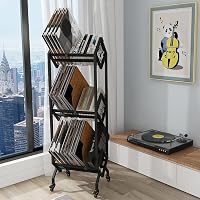 VEDECASA Ipari Stílusú Vinyl Lemez Tároló Állvány - 3 Szintes Fém Polcrendszer 150 LP Tárolására, Görgőkkel, Fekete 1