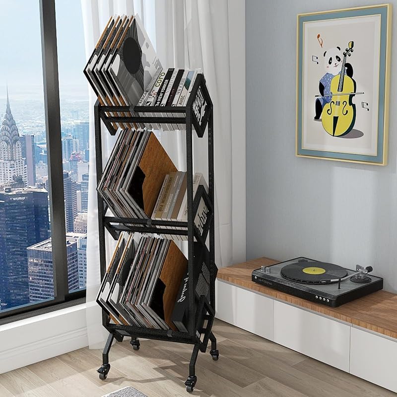 VEDECASA Ipari Stílusú Vinyl Lemez Tároló Állvány - 3 Szintes Fém Polcrendszer 150 LP Tárolására, Görgőkkel, Fekete