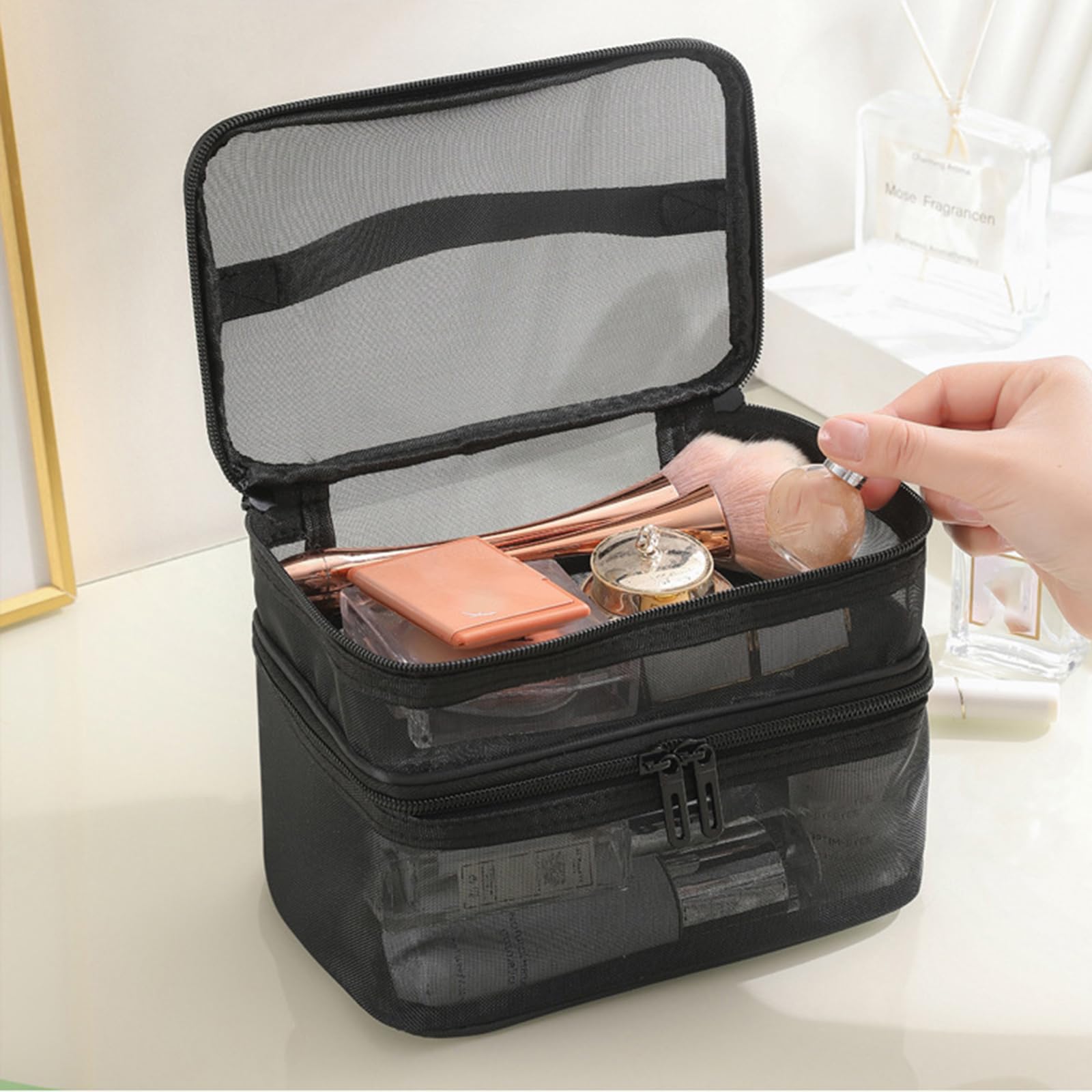 Desuibao Double Layer Makeup Bag, Mesh Cosmetic Bag with Handle, Double Zipper Beauty Make up Bag - Image 2