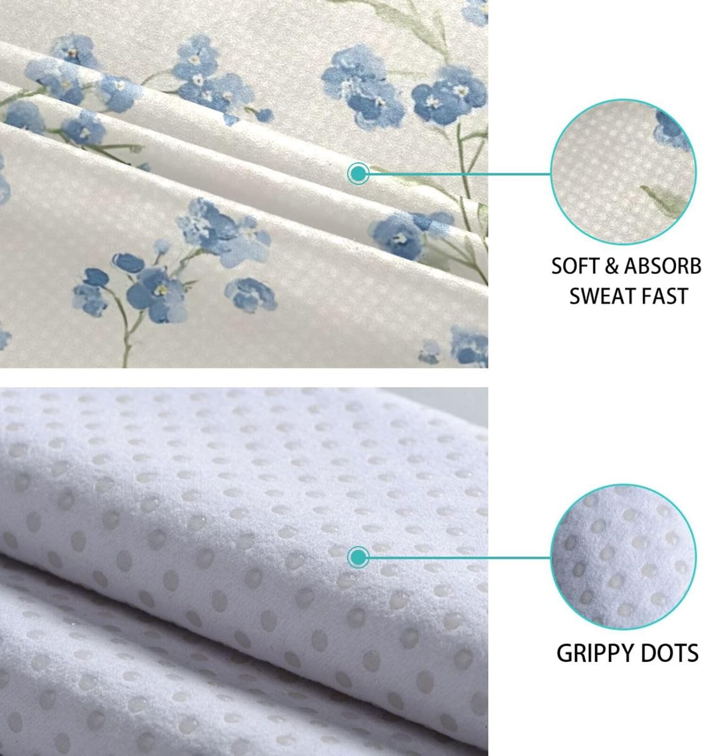 Flower Blue Yoga Mat Towel with Silicone Grip Dot – 73"x27" Non-Slip Sweat Absorbent Microfiber Yoga Towel for Home Gym Studio