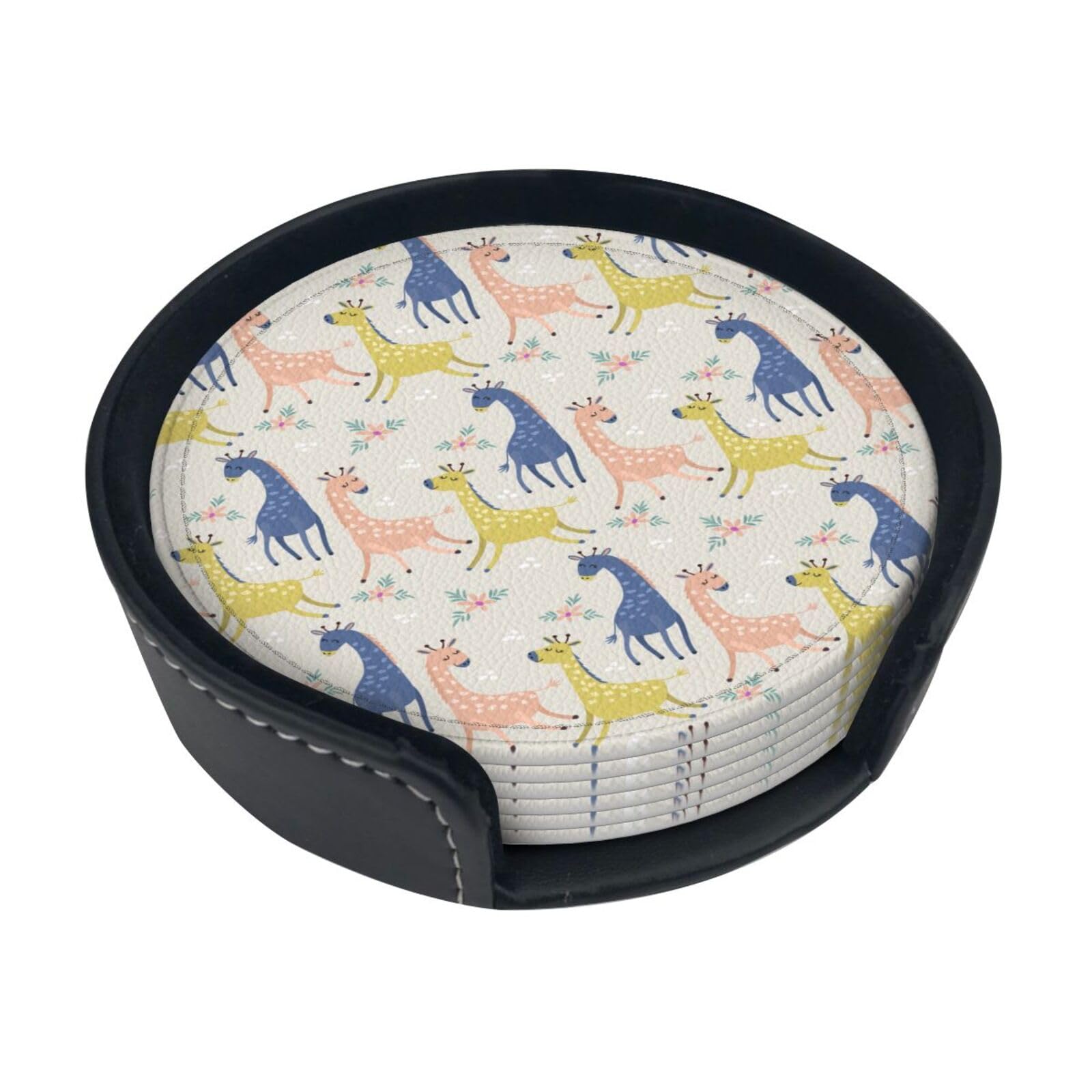 Cute Giraffe Print Round Coasters Set Of 6,Coaster For Tabletop Protection Home Bar Decor