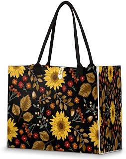 Bolsa feminina - Girassol reutilizável sacolas de compras de supermercado com alças folhas caídas grande bolsa de praia bolsa de ombro bolsas de trabalho bolsas de mão resistentes para praia, compras, trabalho, viagens, Multicolor