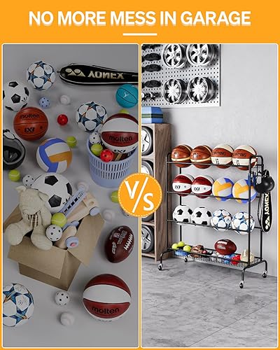 Miniatura 5 de Estante de baloncesto, soporte de entrenamiento de tiro de baloncesto, almacenamiento de equipo deportivo con ruedas, soporte organizador de cuatro