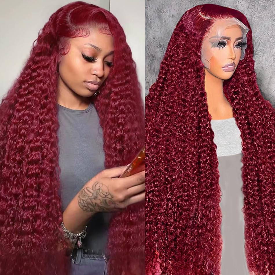 OUX 30 Inch Burgundy Wig Human Hair 250 Density 99j 13x6 Deep Wave Lace Front Wigs Human Hair for Black Women Red Colored Curly Wig Human Hair Pre Plucked Triple Lifespan 3X
