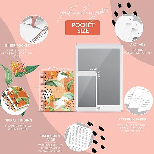 Miniatura 2 de PLANBERRY Libro de contraseñas premium - Pequeño organizador de direcciones de Internet con pestañas A-Z - Guardián de contraseñas de sitio web de