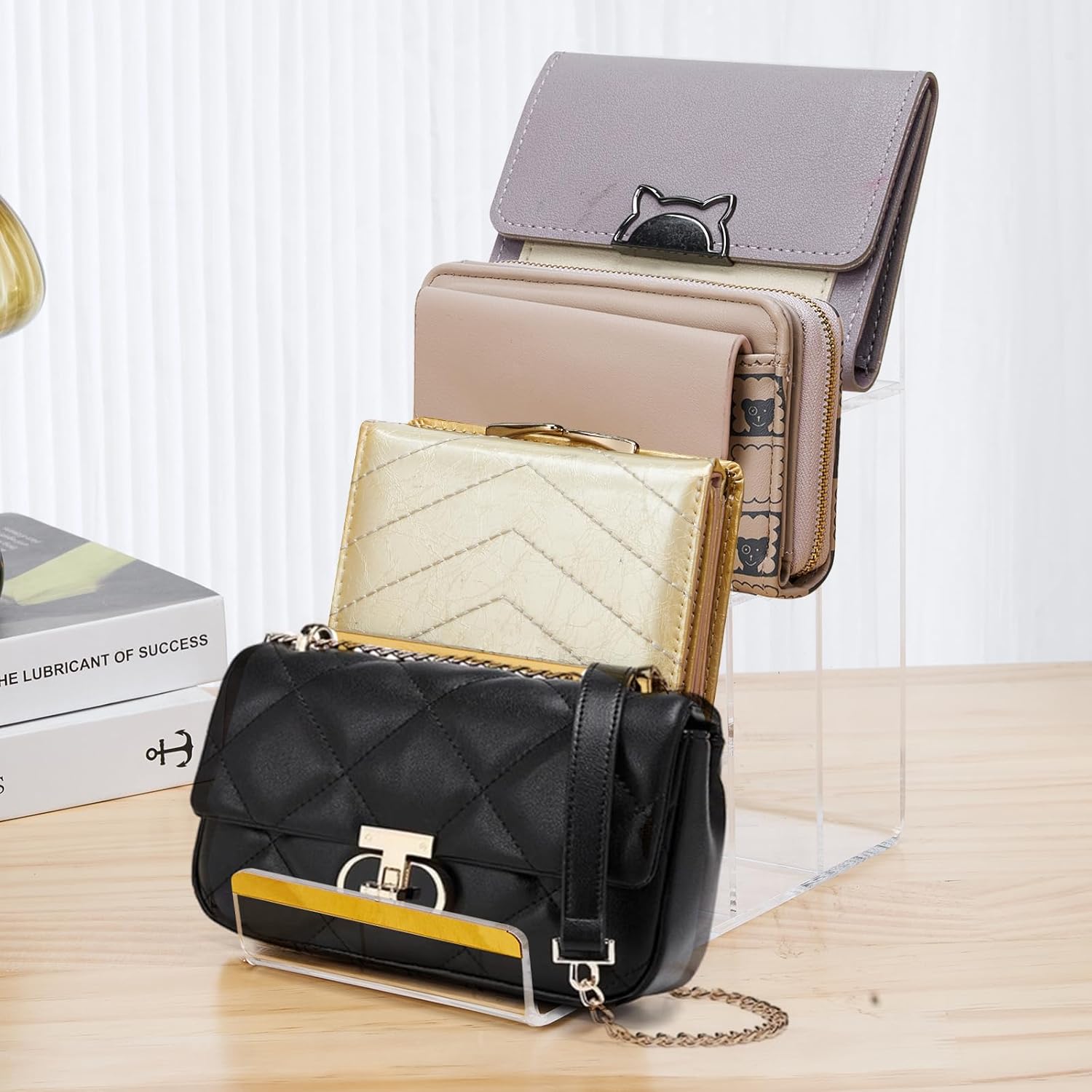 Purse Display Stands, 2 Pack 4-Tier Acrylic Wallet Holder Risers Stand, 2-Inch Spacing Clear Clutch Rack Handbag Display Shelf, 4MM Thick Counter Wallet Organizer for Figure Sunglasses Retail Vendor