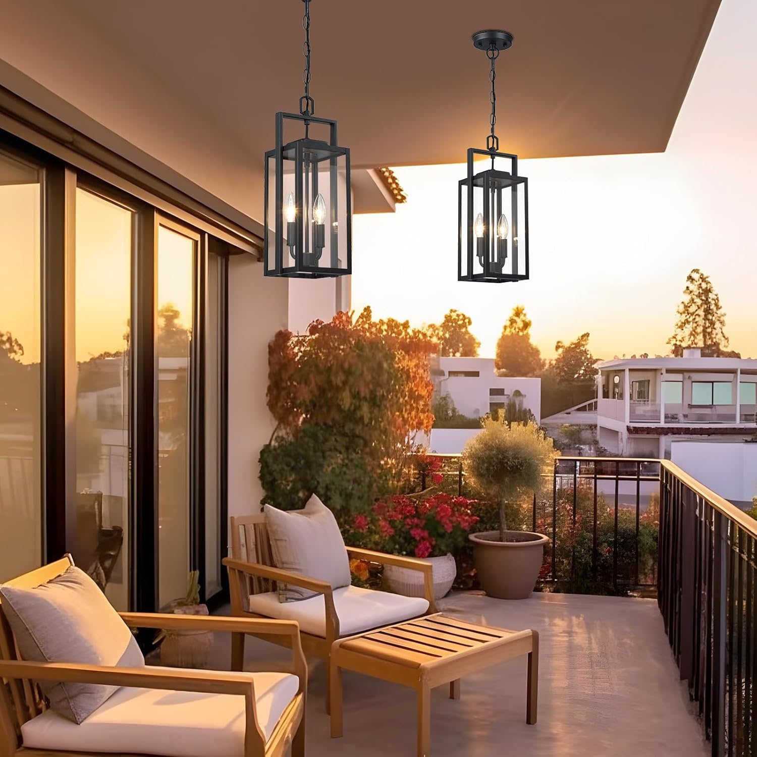 17.8'' Large Outdoor Pendant Light 2-Light, Modern Black Metal Outside Chandelier Exterior Hanging Fixture Ceiling Mount with Clear Glass for Front Porch Entrance Entryway, 1 Pack