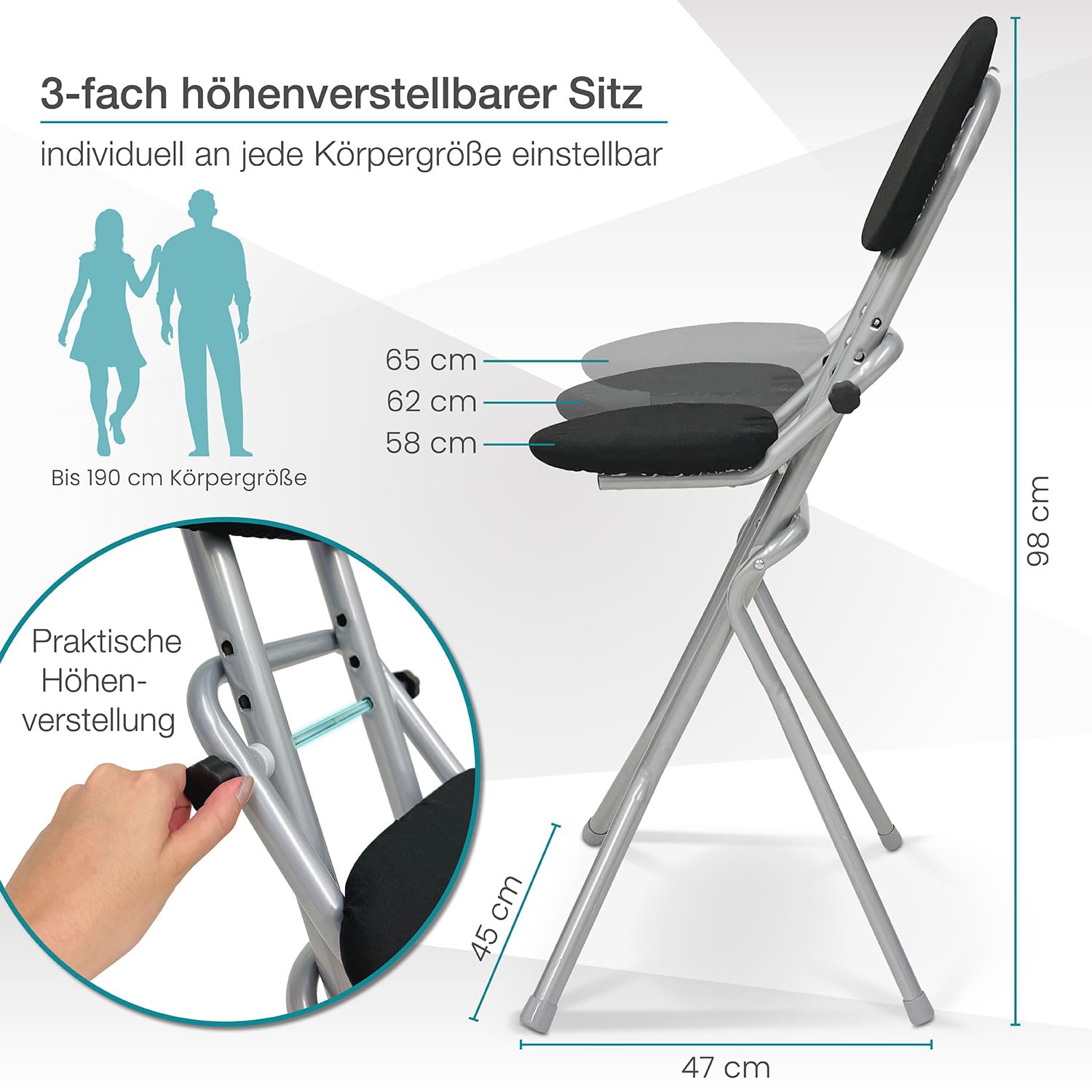 ELONEO Sitzhilfe Bügelstehhilfe höhenverstellbar 58-65 cm belastbar bis 120kg Silber 45x98x47 cm
