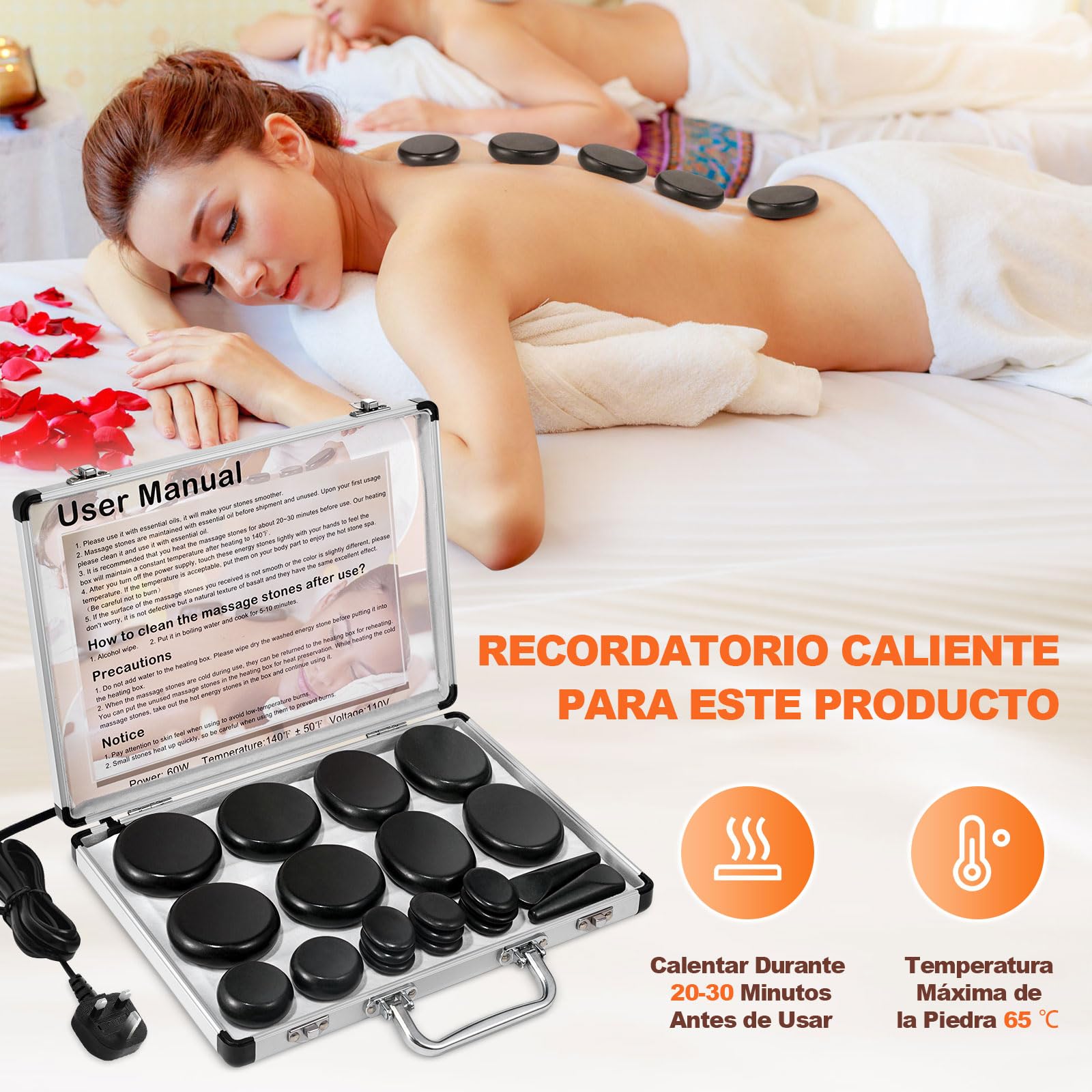 Calentador de Piedras Calientes 21 Piezas, Kit de Piedras de Basalto para Masaje Corporal Spa