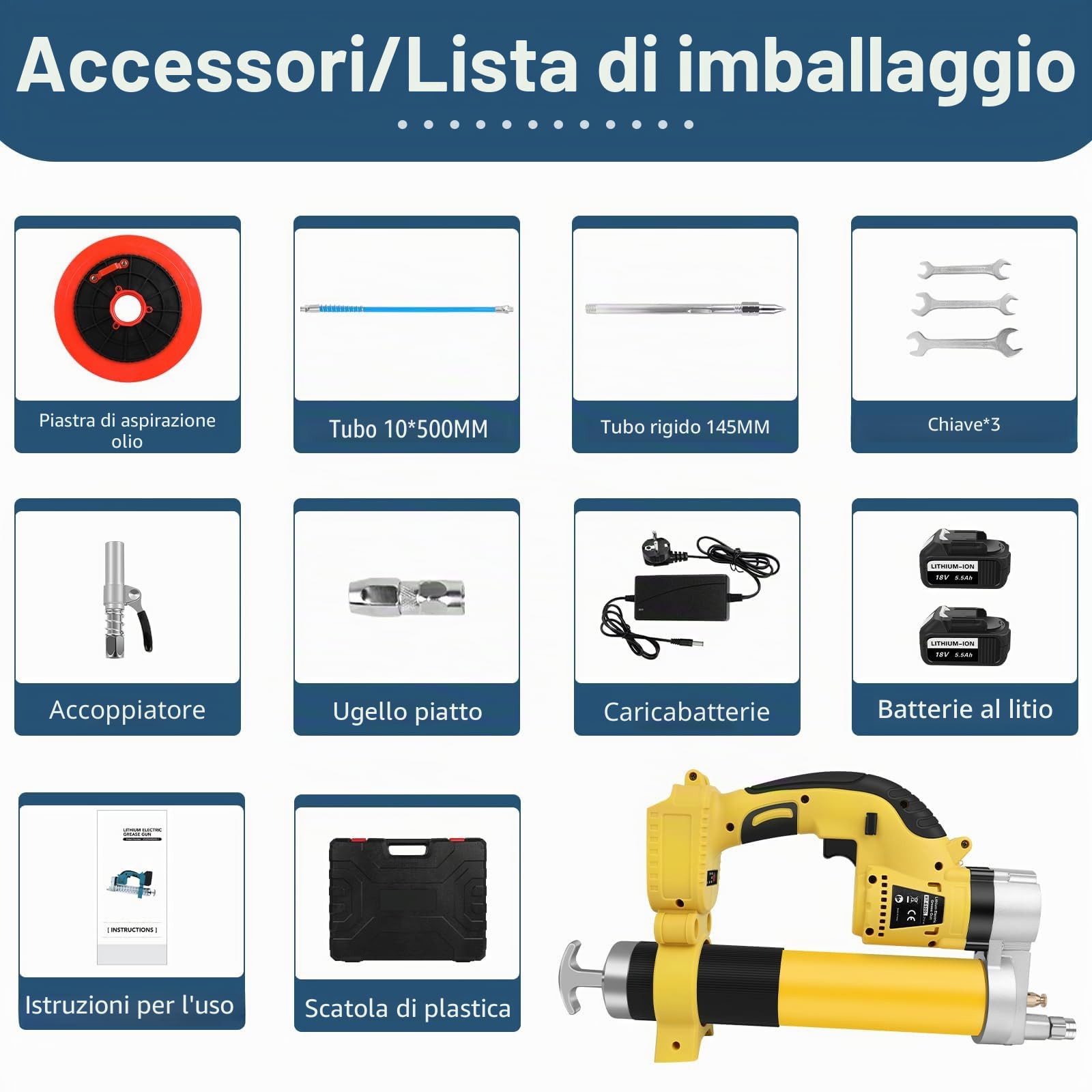 ASUNCELL ingrassatore a batteria da 18V, kit con 2 * 5500mAh batterie e caricabatterie, motore senza spazzole da 8000 PSI, 18 Volt, batteria agli ioni di litio per veicoli e macchina