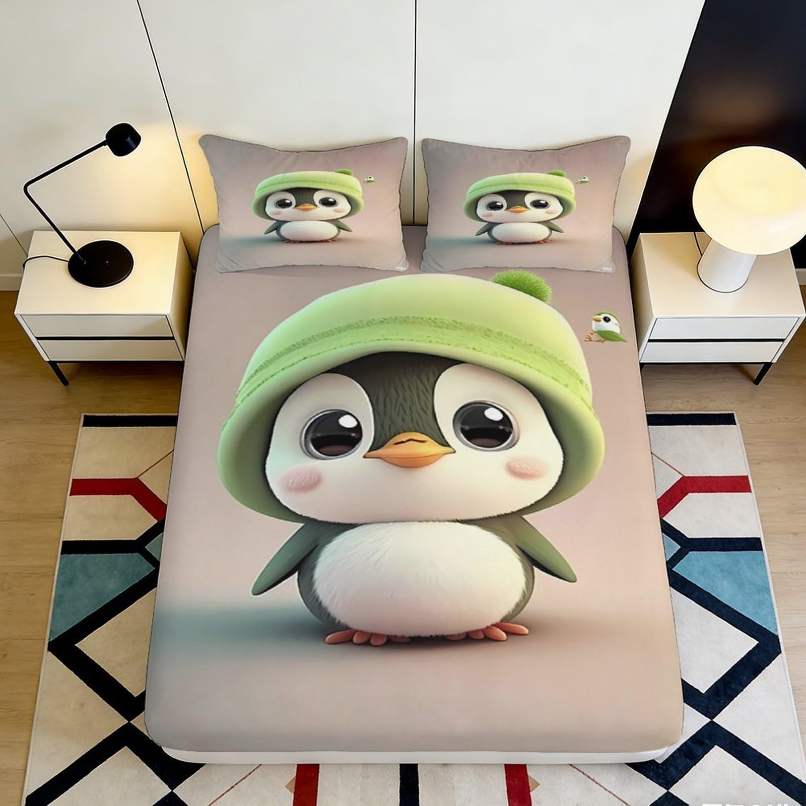 3D Printed Cartoon Penguin Fitted Sheet Microfiber Deep Pocket Non-Slip Bedroom Penguin Mattress Fitted Cover Washable for Adults Teens Home 200x200x25cm 90x200x25cm