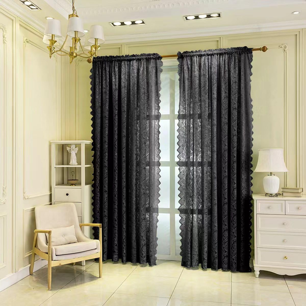 F-CHU Lace Curtains for Windows 54 inch Drop Vintage Net Curtain for Old House Shabby Chic Sheer Voile Curtains 2 Panels(140cm Width x183cm Drop) Black Curtain - Image 4