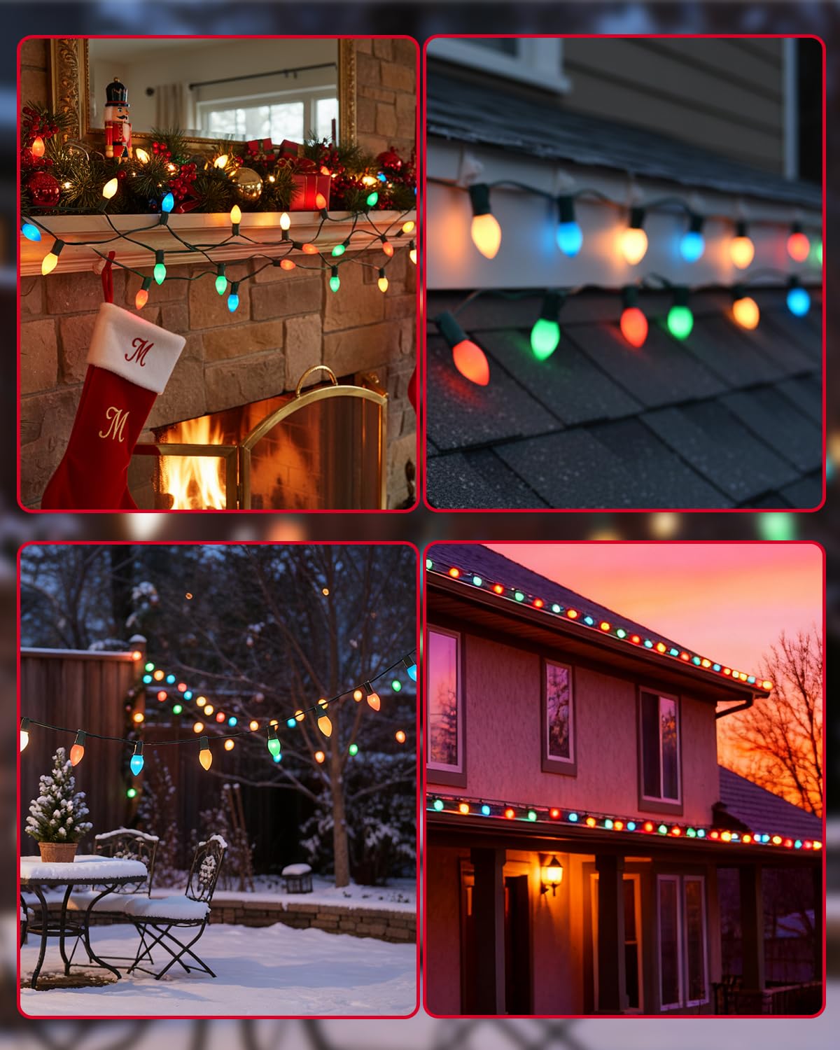 SUNSGNE Mehrfarbige Weihnachtslichterkette für den Außenbereich, C7 Vintage-Weihnachtslichterkette mit 27 mehrfarbigen Keramiklampen (2 Ersatz) für Feiertage, Weihnachten, Abschlussball, Party