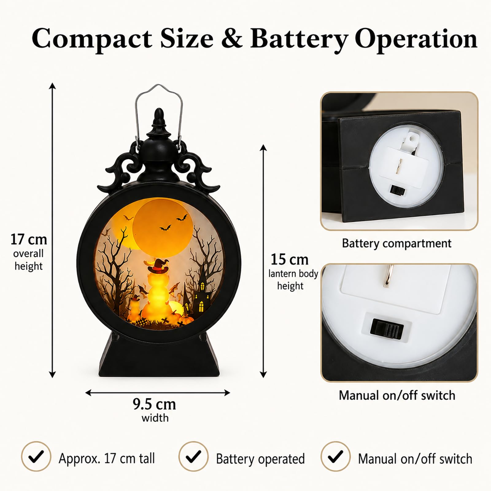Lampion Halloween LED do dekoracji stołu, 17 cm, vintage, wiszące światło