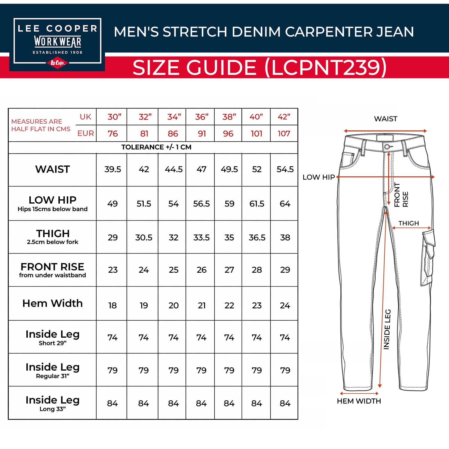 Lee Cooper Jean Cargo Homme Regular Fit – Pantalon Denim Stretch Multi Poches, Jean Travail Carpenter Résistant Workwear pour Chantier Loisirs