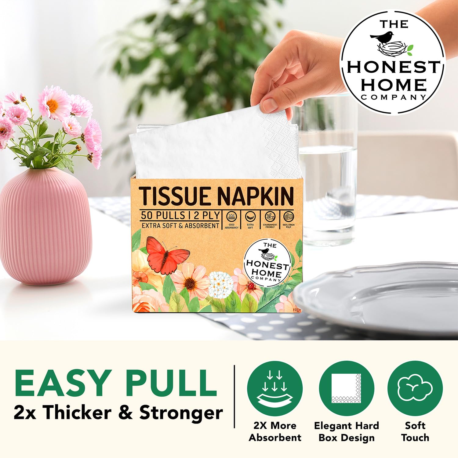 Honest Home 2 Ply Tissue Paper Napkins | 200 Pulls | 50 Pulls x 4 Boxes | Soft, Strong & Highly Absorbent | For Home & Dining Table Use - Image 2 thumbnail