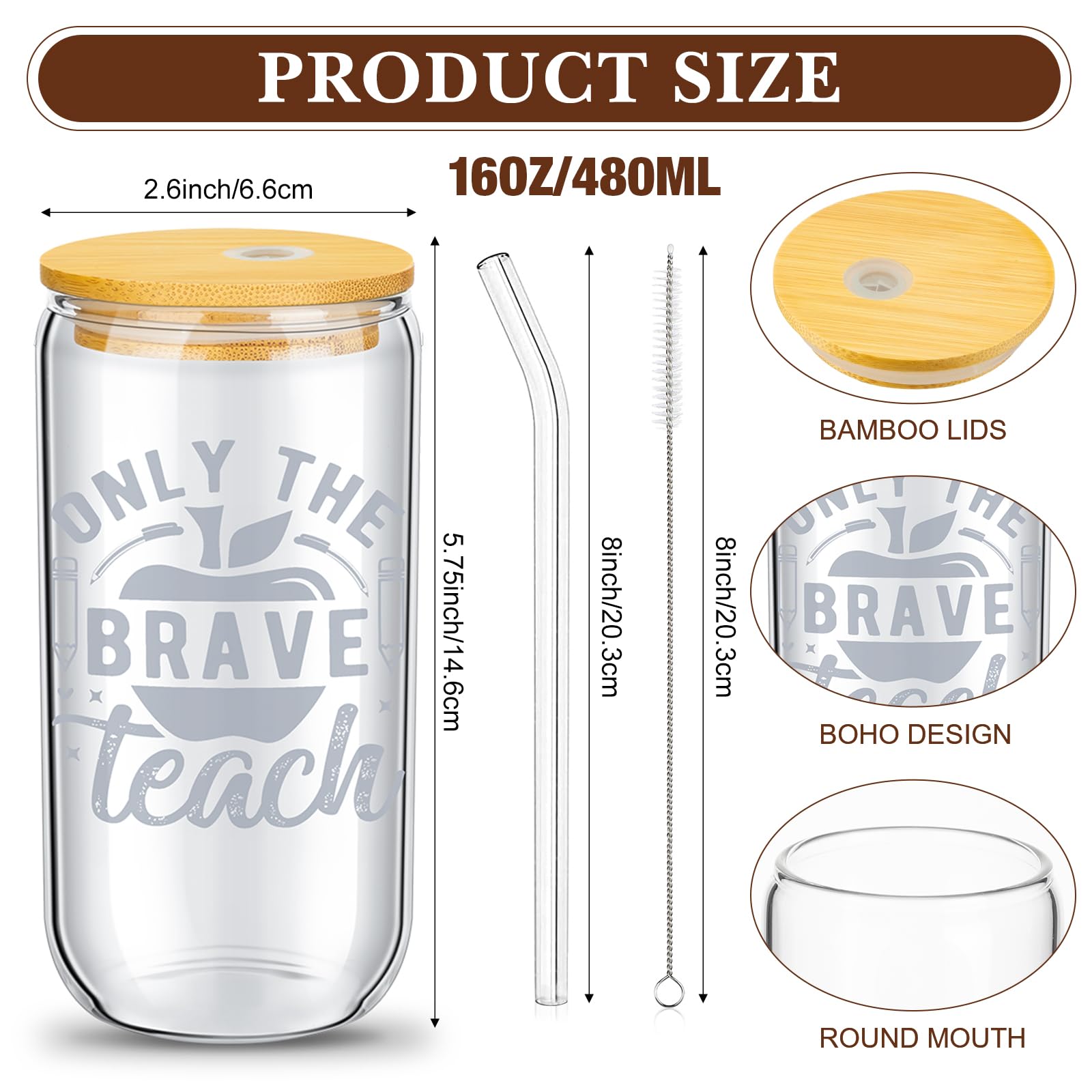 Pinkunn Juego de 12 vasos de vidrio para profesores, regalos de agradecimiento para profesores, vasos de cerveza con forma de lata de 16 onzas con tapas, pajitas, cepillos, regalos de agradecimiento