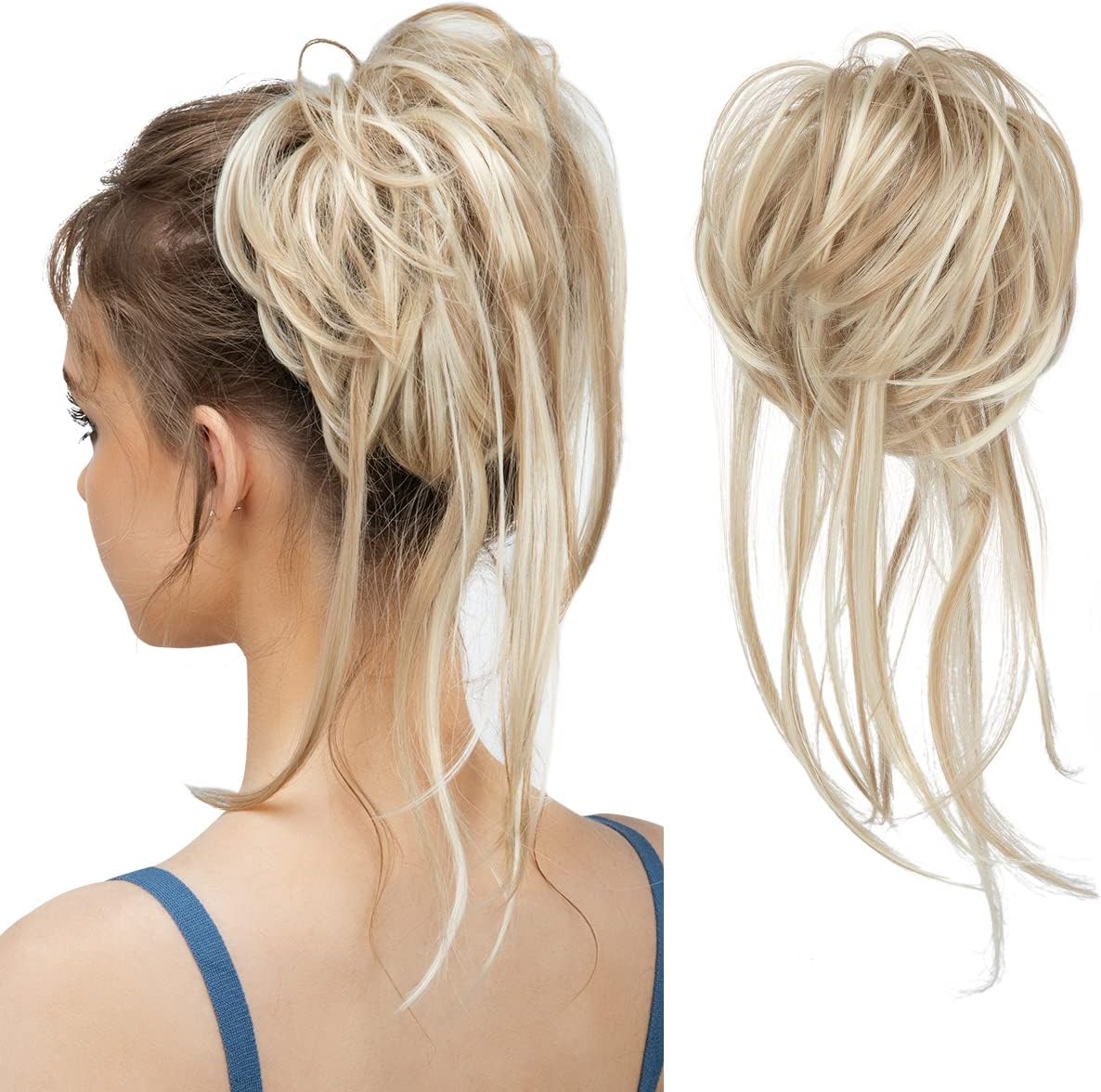 CJL HAIR Messy Bun Hair Piece Curly Hair Bun Extensions with Straight Tails Synthetic Hair Scrunchies Ponytail Hairpieces for Women Ash Blonde/Beach Blonde