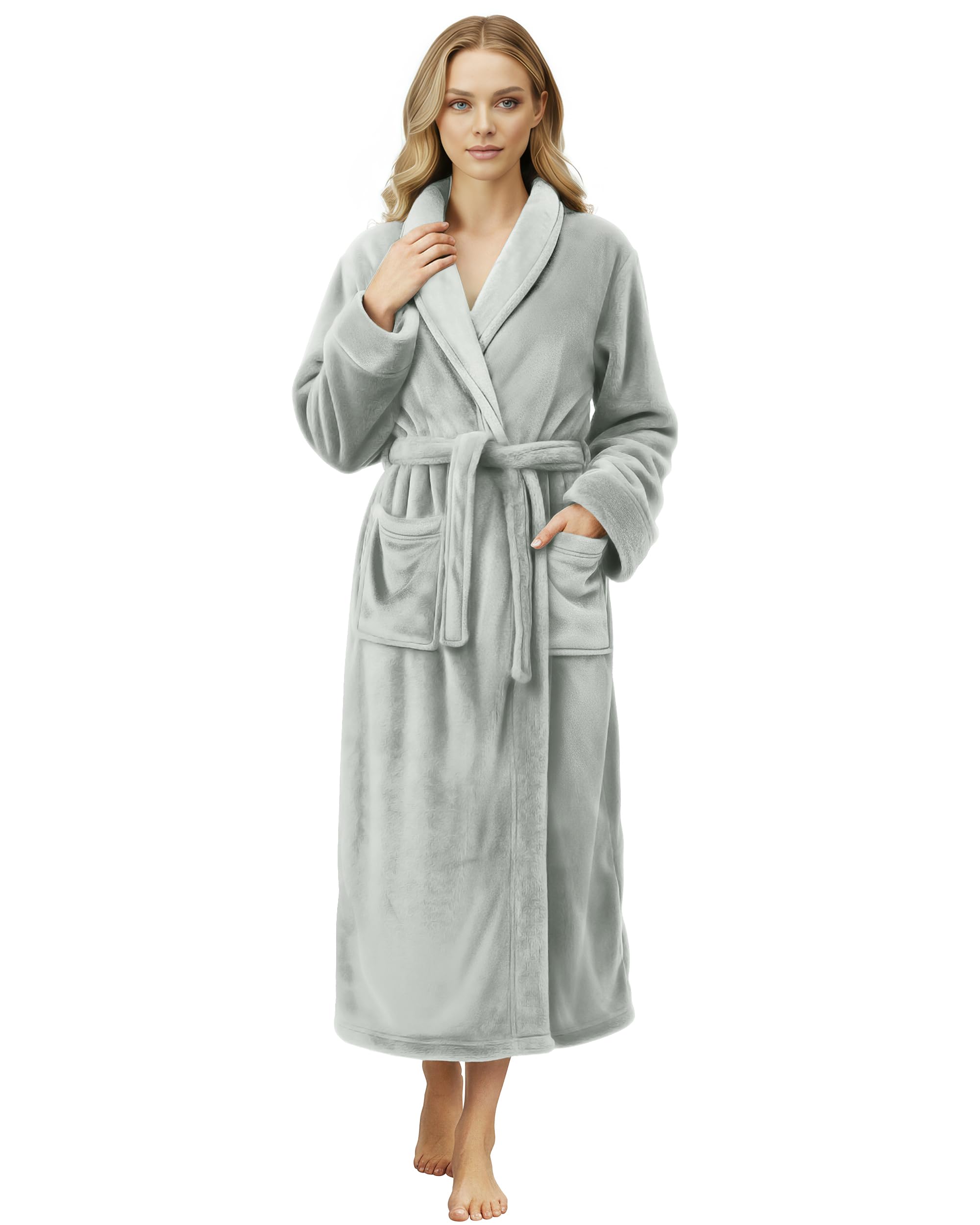 NY Threads Premium Womens Robe, Plush Fleece Long Bath Robe for Women, Fluffy Soft Women's Bathrobe, Medium, Light Grey