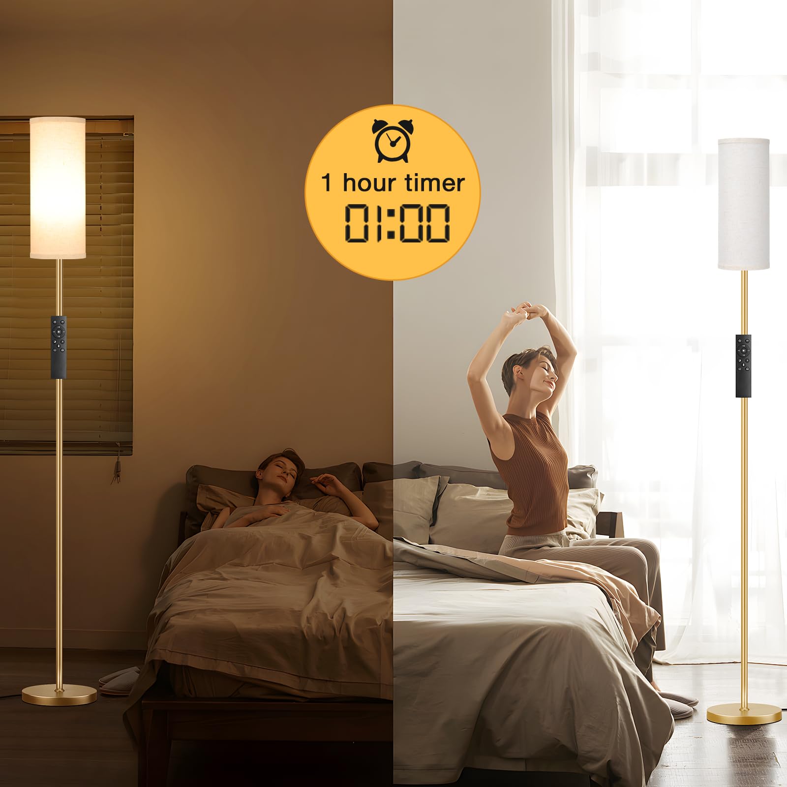 Stehlampe Wohnzimmer, Standleuchte LED Dimmbar Modern mit Fernbedienung, 4 Farbtemperaturen & Stufenlos Dimmbar, Beige Leinenschirm, Leselampe für Wohnzimmer Schlafzimmer Büro