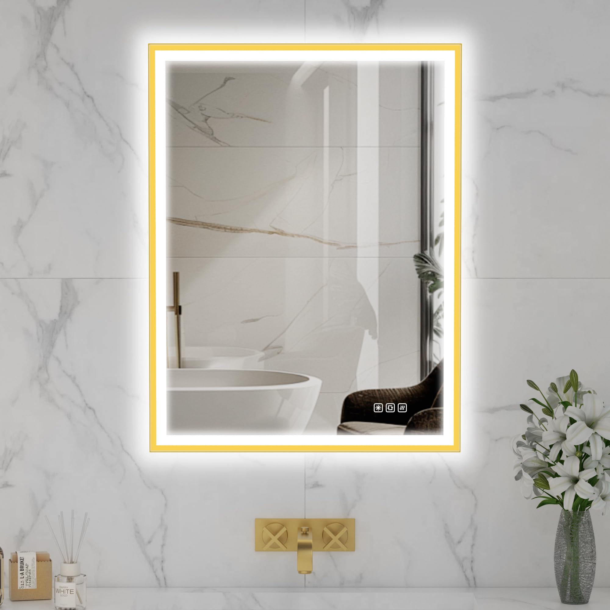 furduzz Bathroom Mirror with LED Lights, 600x800mm LED Bathroom Mirror with Aluminum Frame, Wall Mounted Vanity Mirrors with Touch Switch, 3-color Dimmable Lights, Gold — image 1